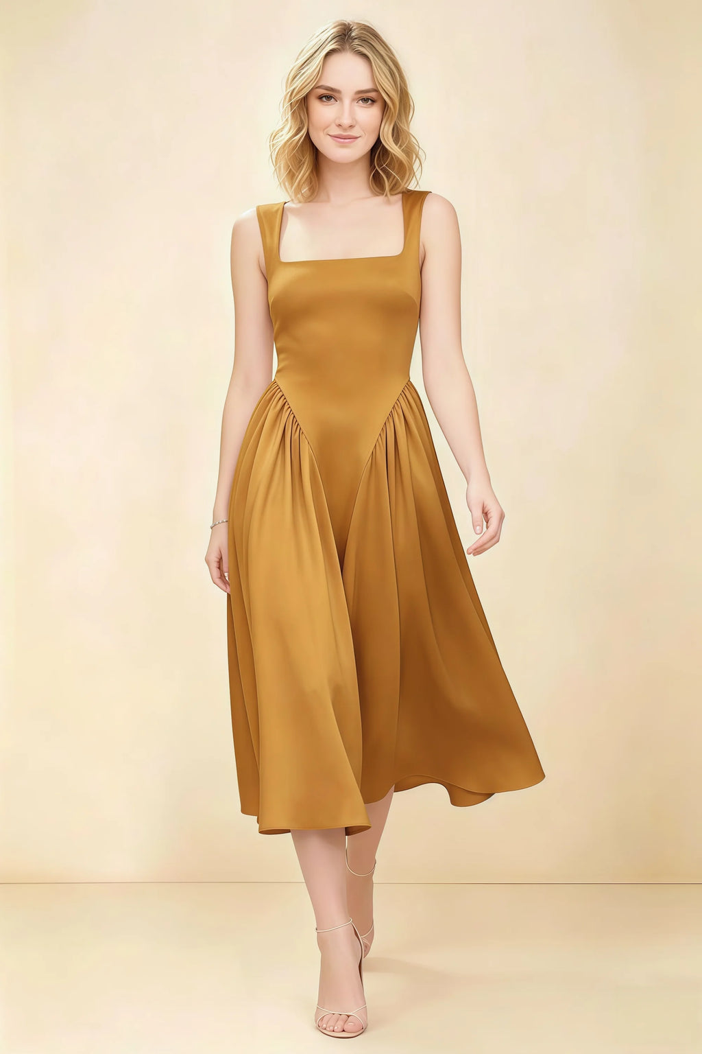 Anabelle Yellow Sleeveless Square Neck Midi Dress
