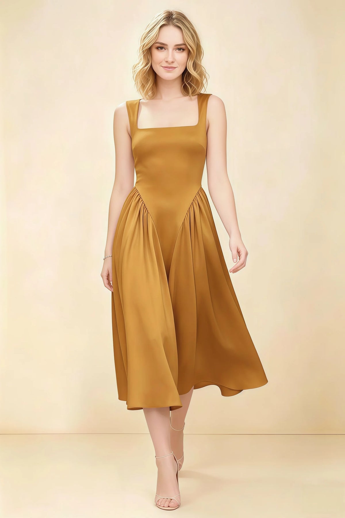 Anabelle Yellow Sleeveless Square Neck Midi Dress