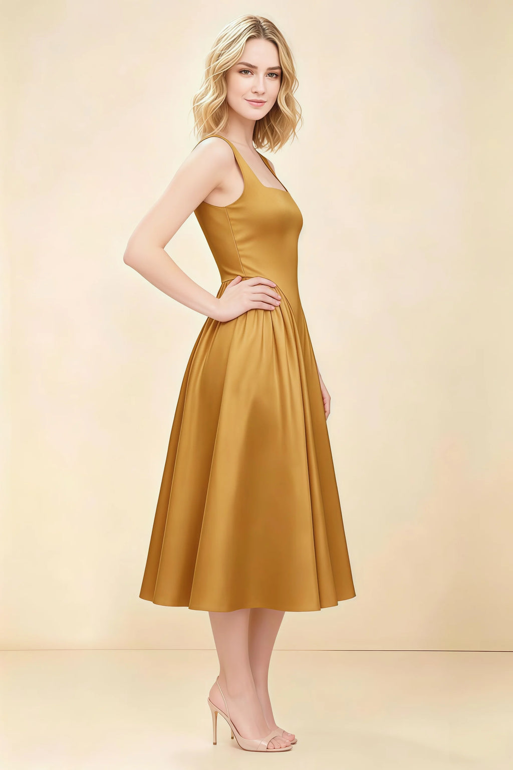 Anabelle Yellow Sleeveless Square Neck Midi Dress