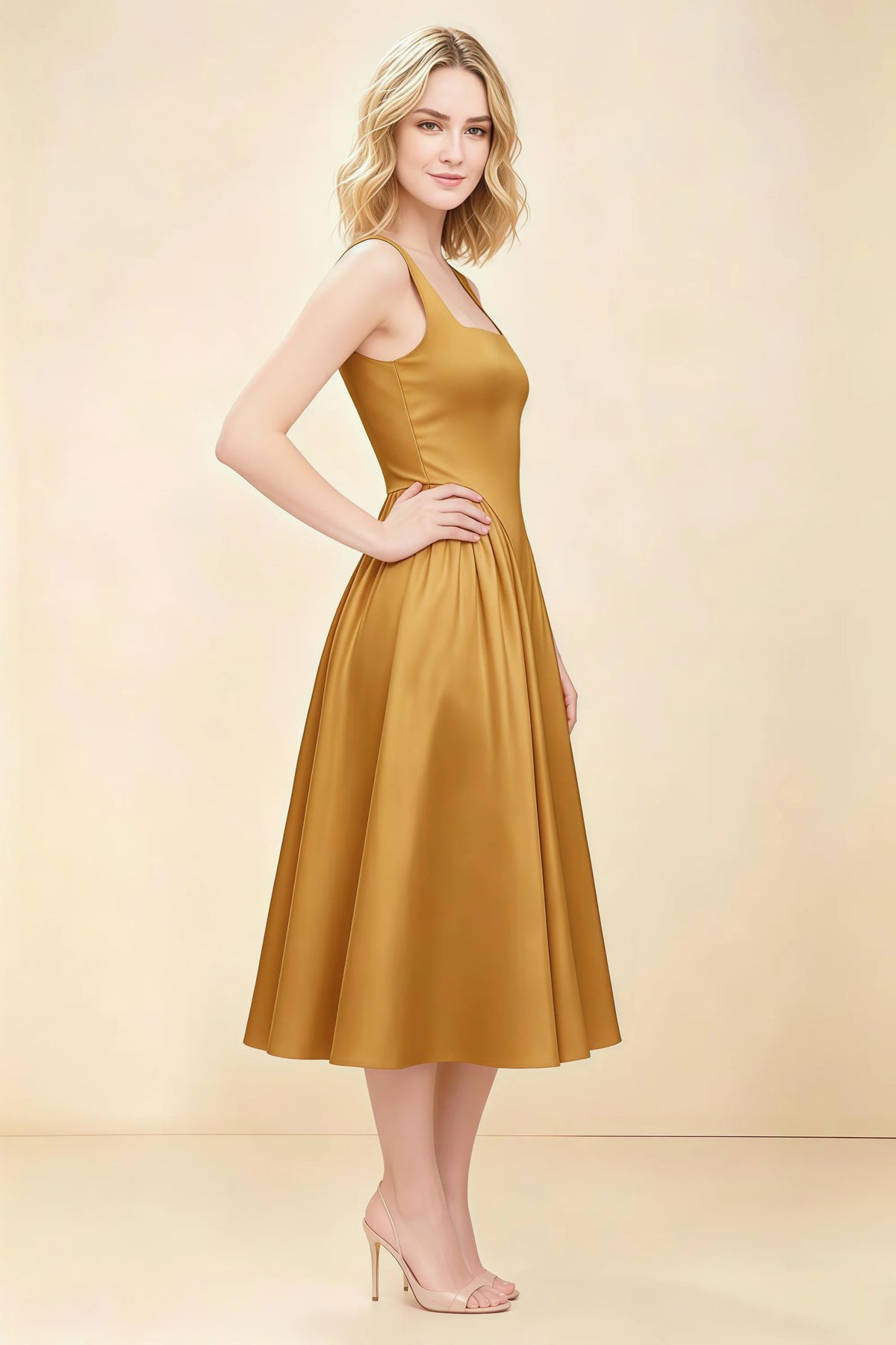 Anabelle Yellow Sleeveless Square Neck Midi Dress