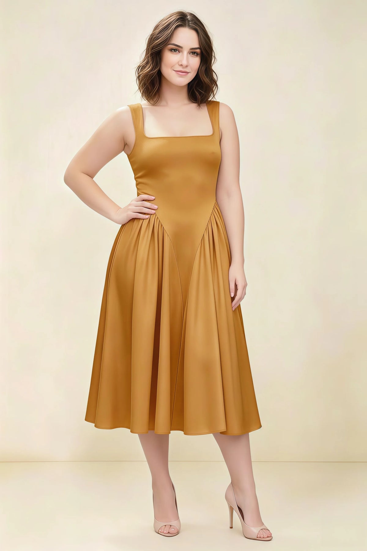 Anabelle Yellow Sleeveless Square Neck Midi Dress