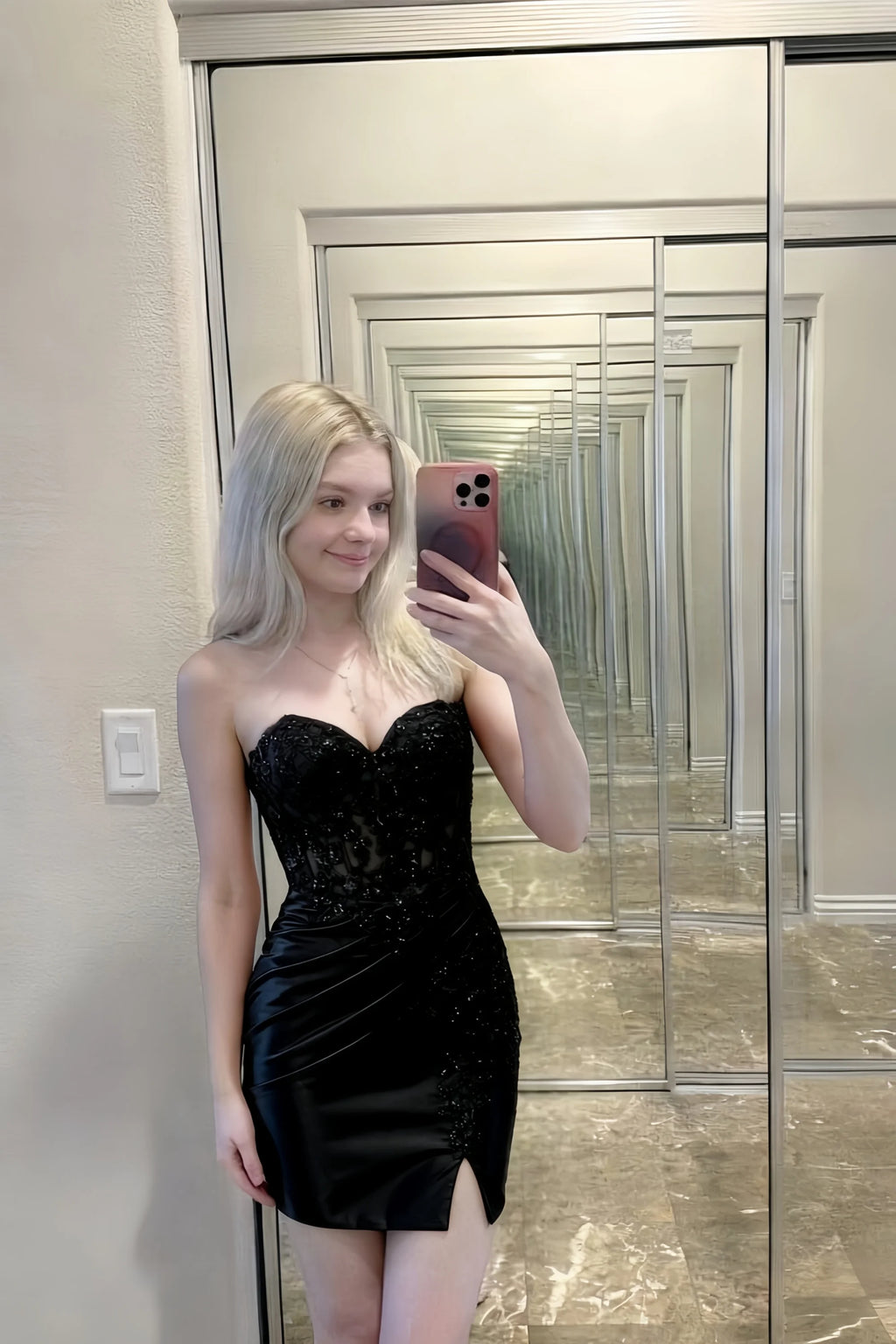 Andrea Black Bodycon Sweetheart Neck Mini Dress with Slit