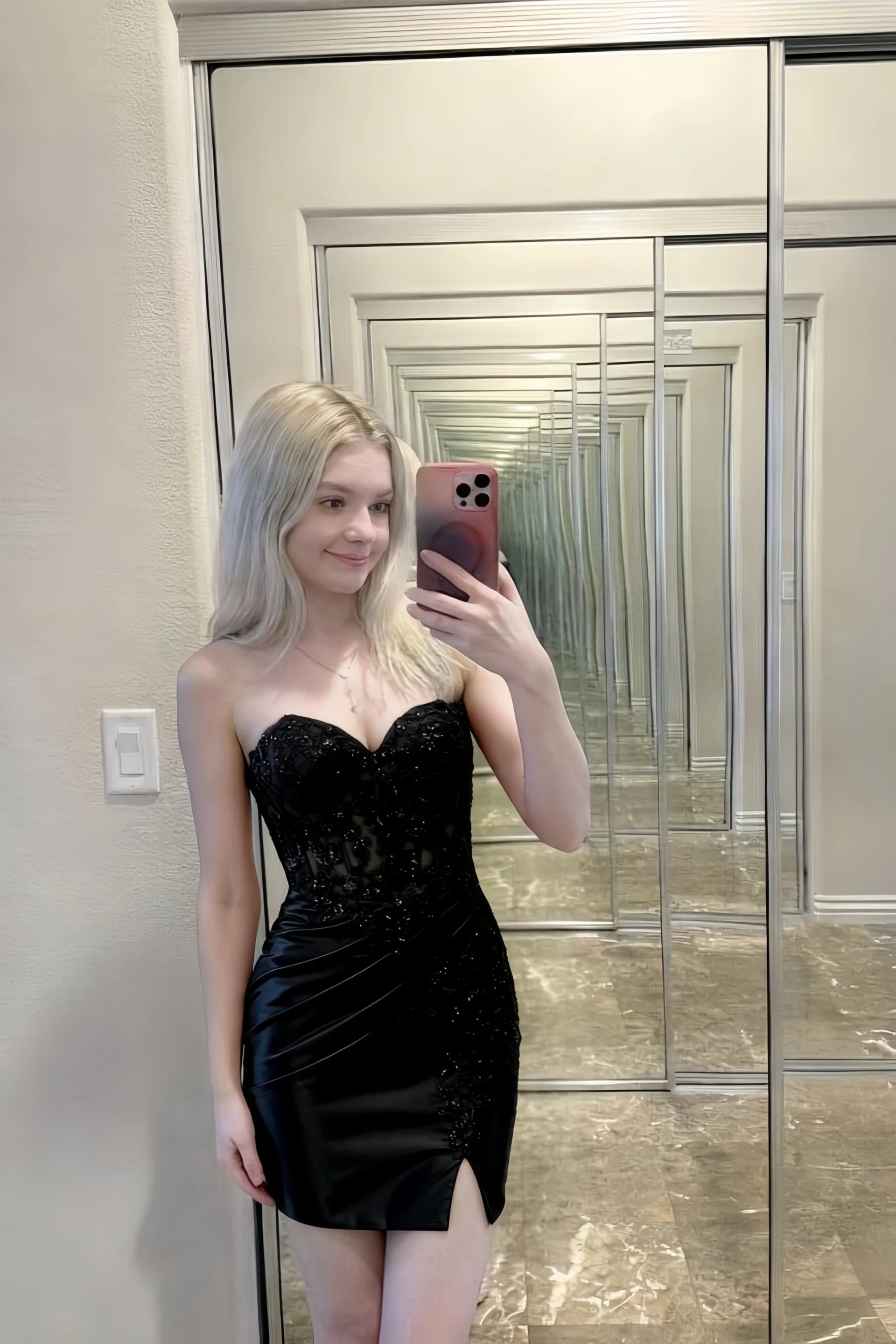 Andrea Black Bodycon Sweetheart Neck Mini Dress with Slit