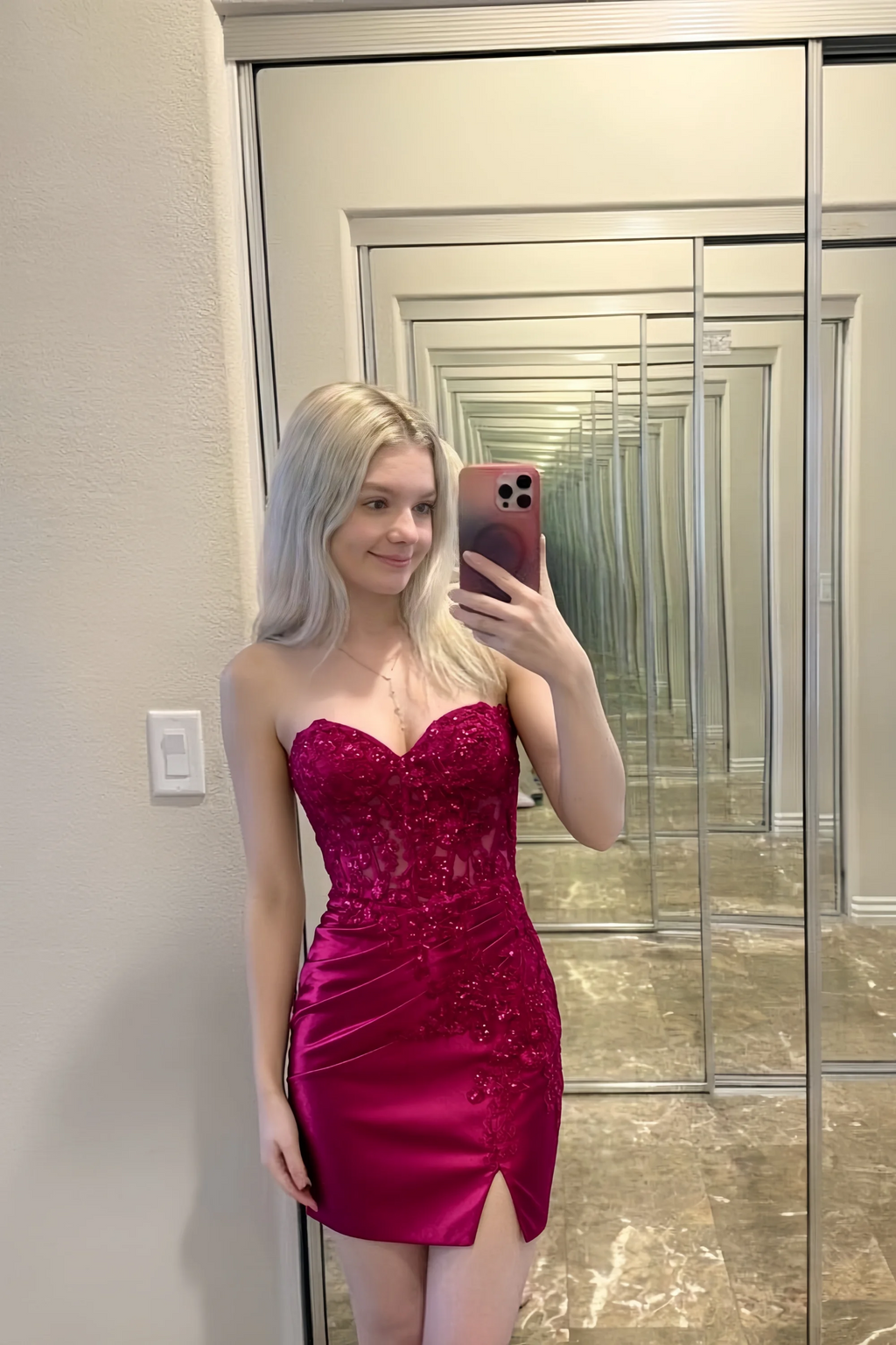 Andrea Burgundy Bodycon Sweetheart Neck Mini Dress with Slit