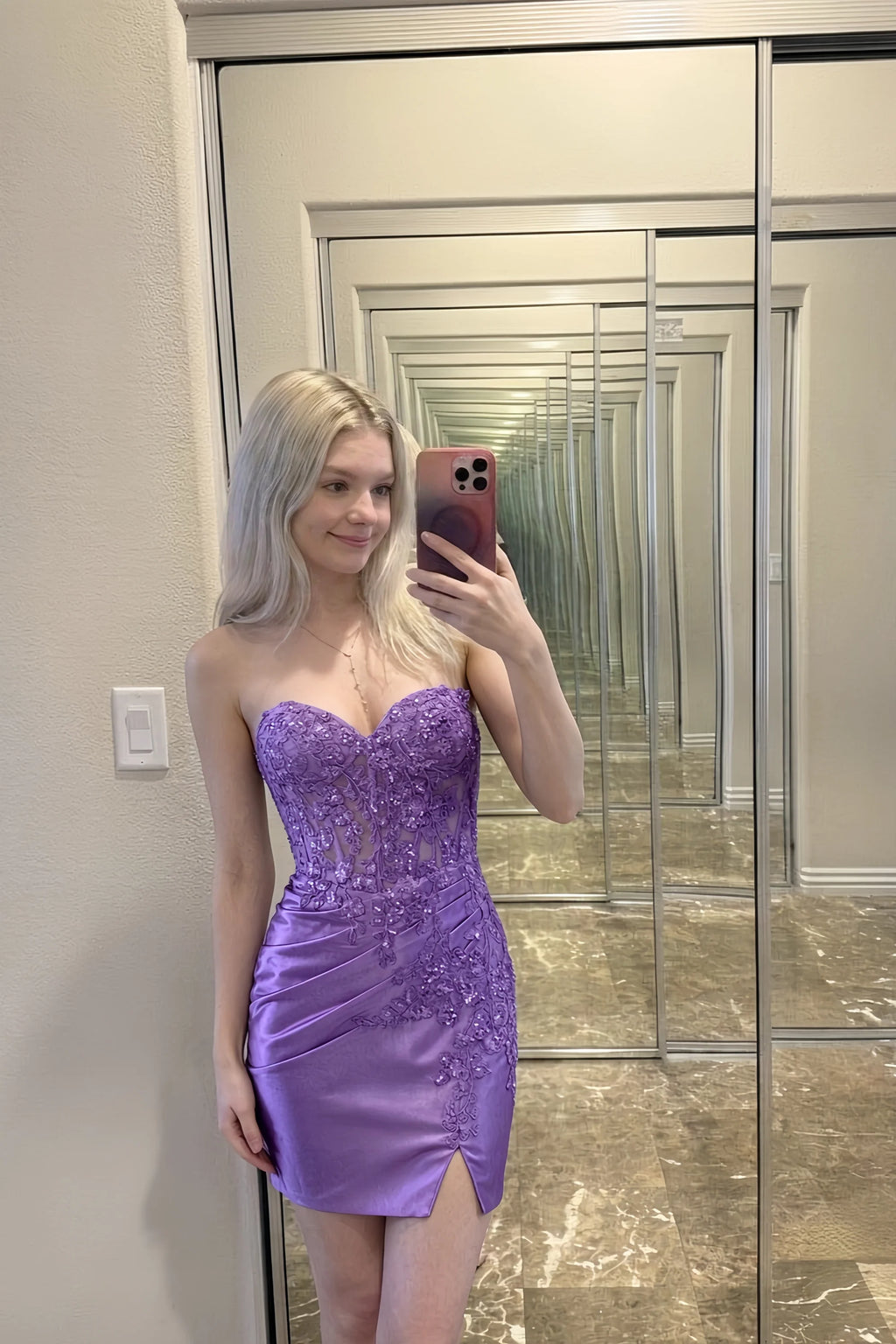 Andrea Lavender Bodycon Sweetheart Neck Mini Dress with Slit