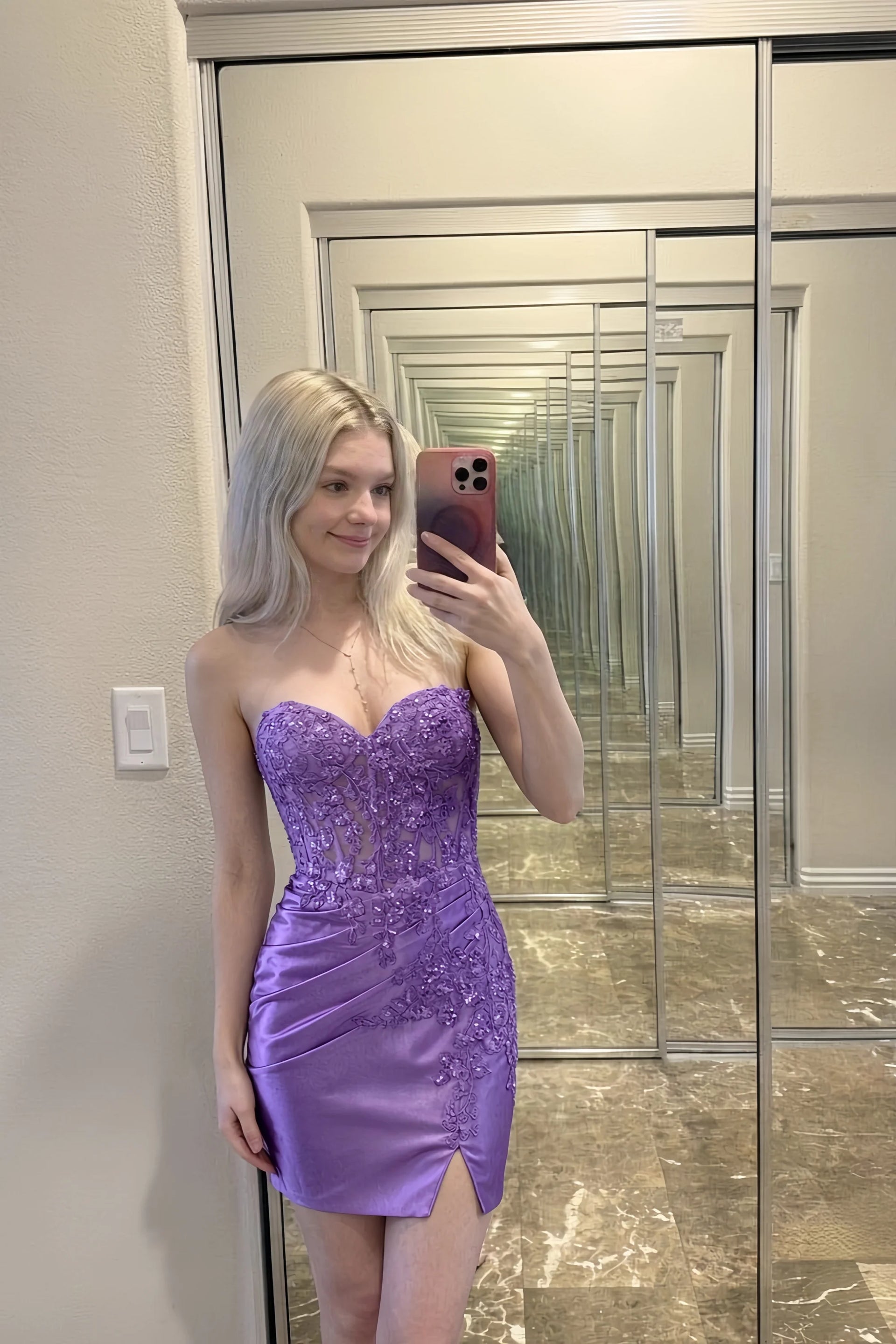 Andrea Lavender Bodycon Sweetheart Neck Mini Dress with Slit