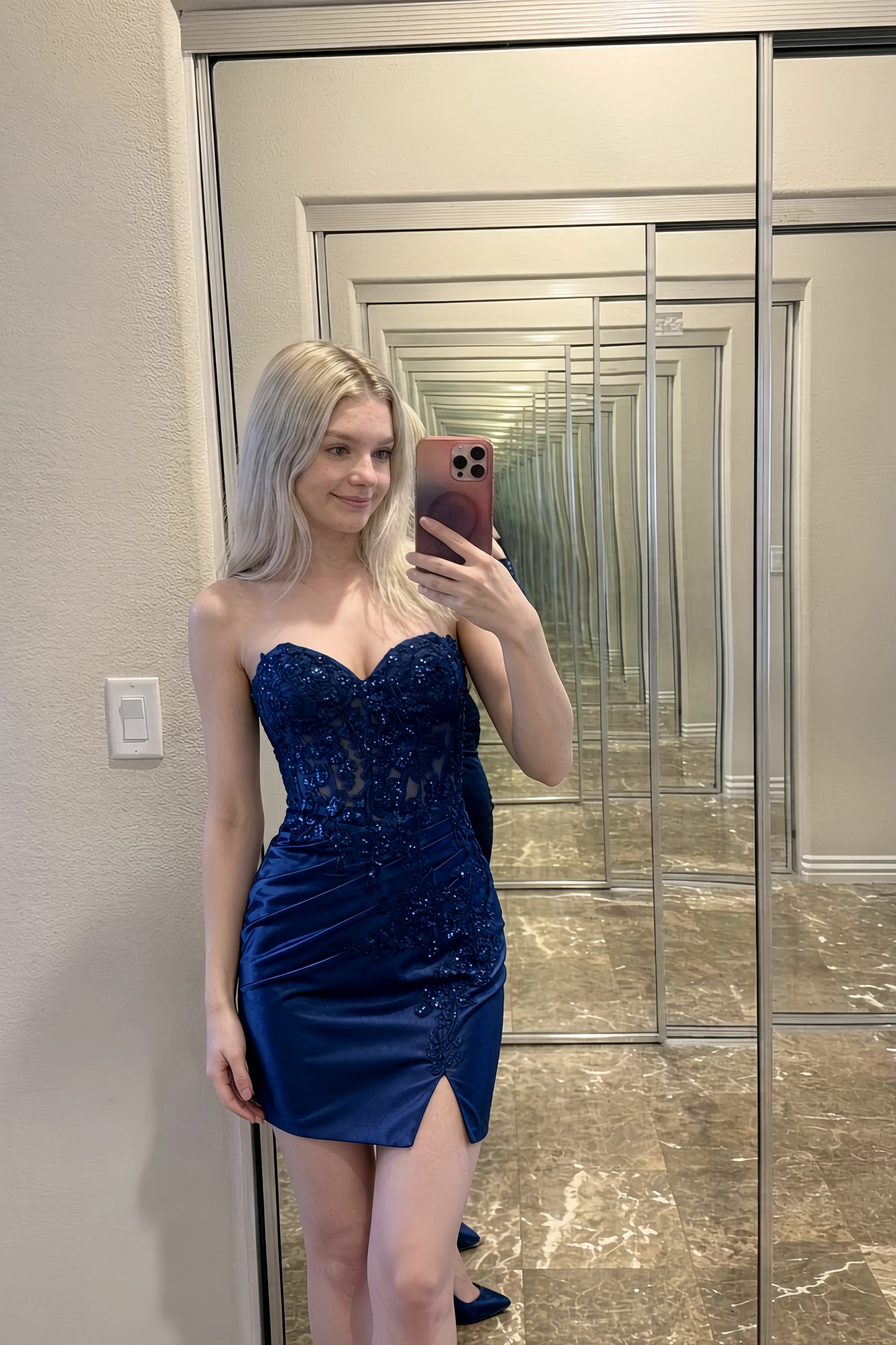 Andrea Navy Bodycon Sweetheart Neck Mini Dress with Slit