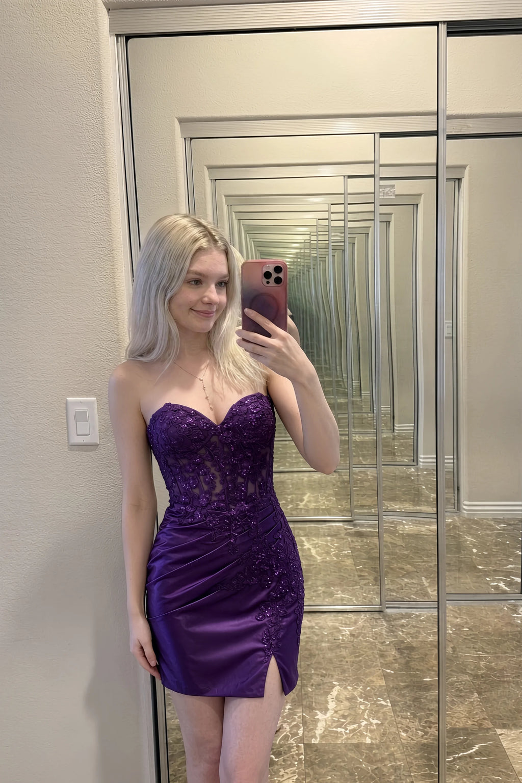 Andrea Plum Bodycon Sweetheart Neck Mini Dress with Slit