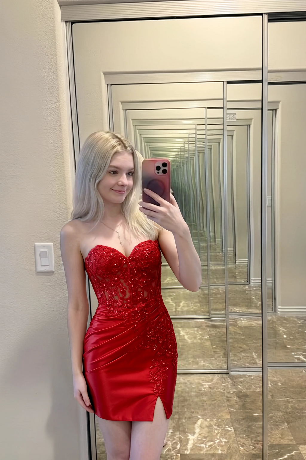 Andrea Red Bodycon Sweetheart Neck Mini Dress with Slit
