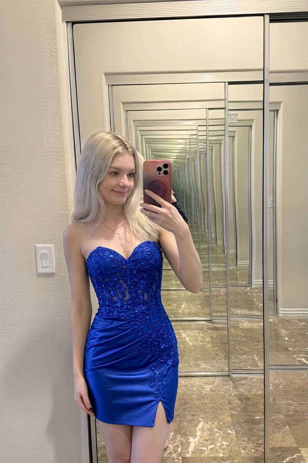 Andrea Royal Blue Bodycon Sweetheart Neck Mini Dress with Slit