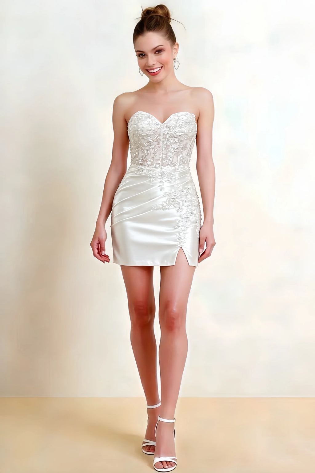 Andrea White Bodycon Sweetheart Neck Mini Dress with Slit