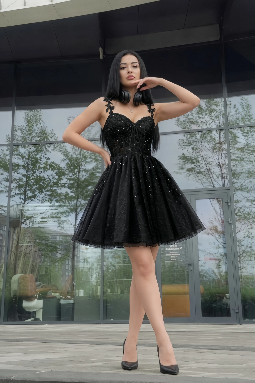 Angela Black Lace Corset Spaghetti Straps Mini Dress