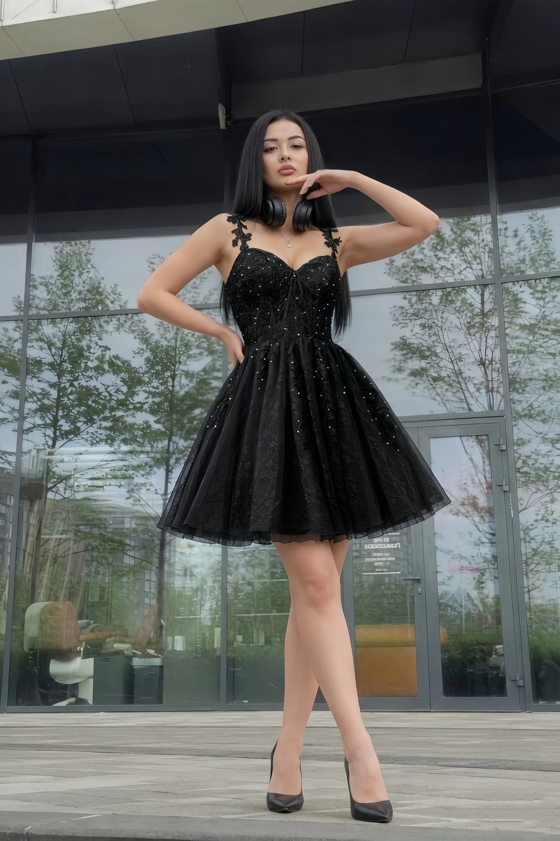 Angela Black Lace Corset Spaghetti Straps Mini Dress