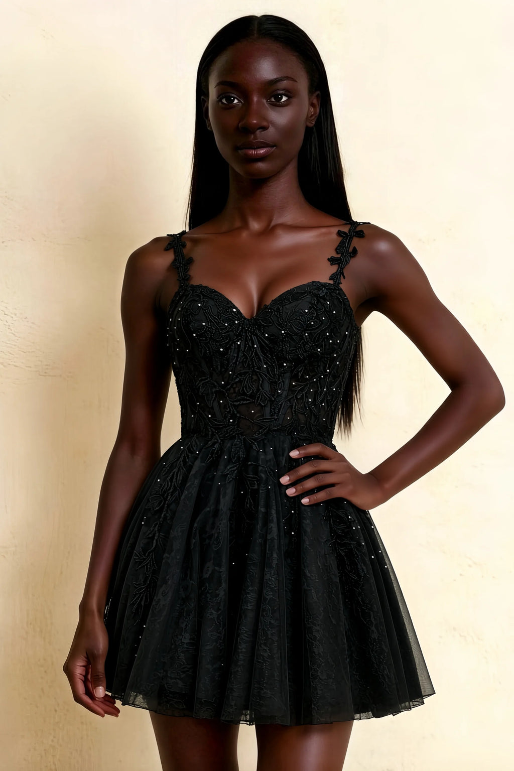 Angela Black Lace Corset Spaghetti Straps Mini Dress