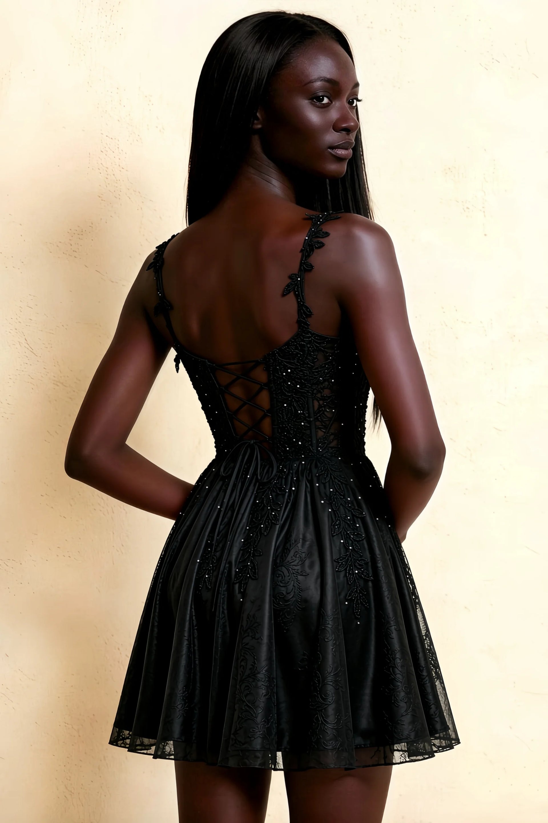 Angela Black Lace Corset Spaghetti Straps Mini Dress