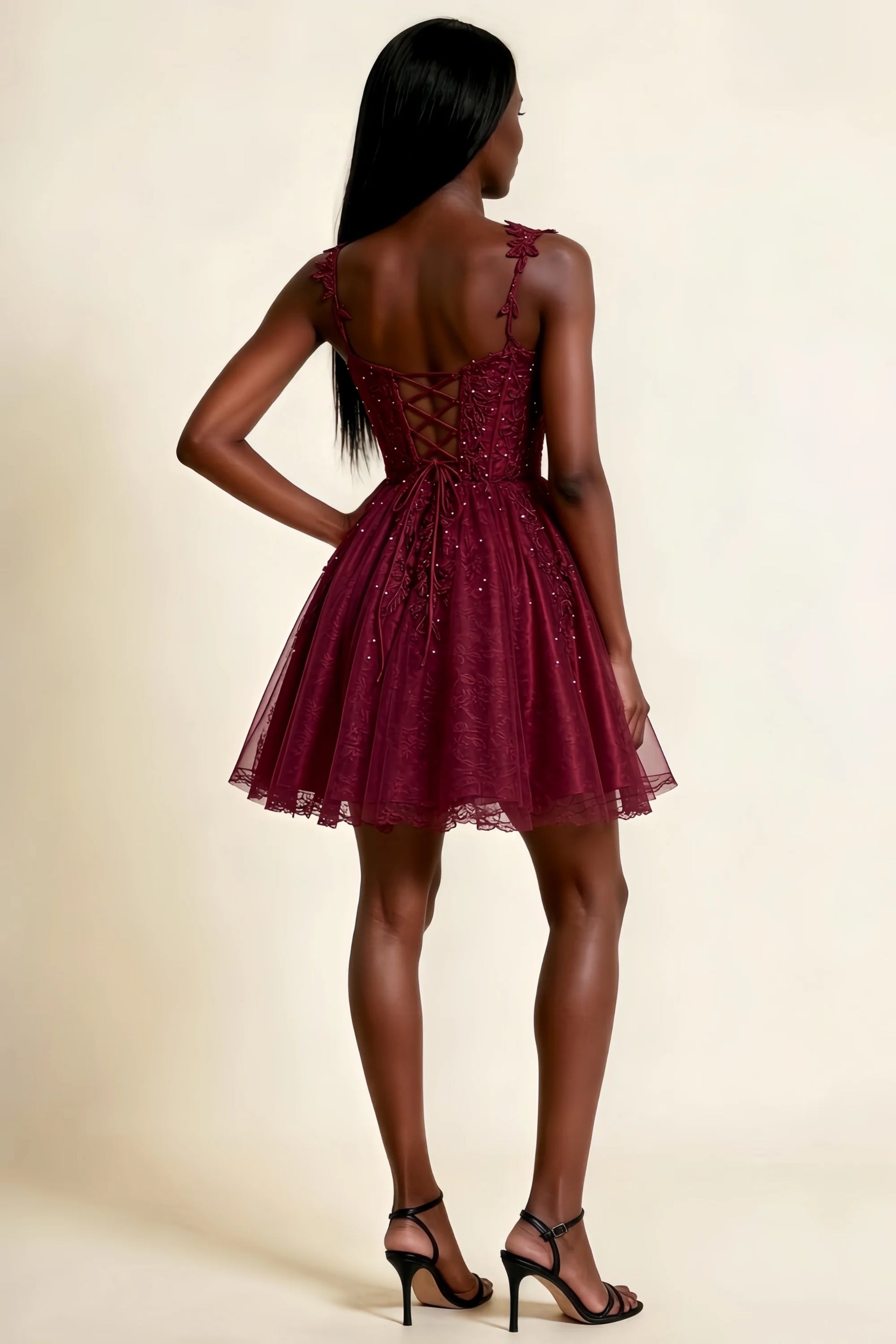Angela Burgundy Lace Corset Spaghetti Straps Mini Dress