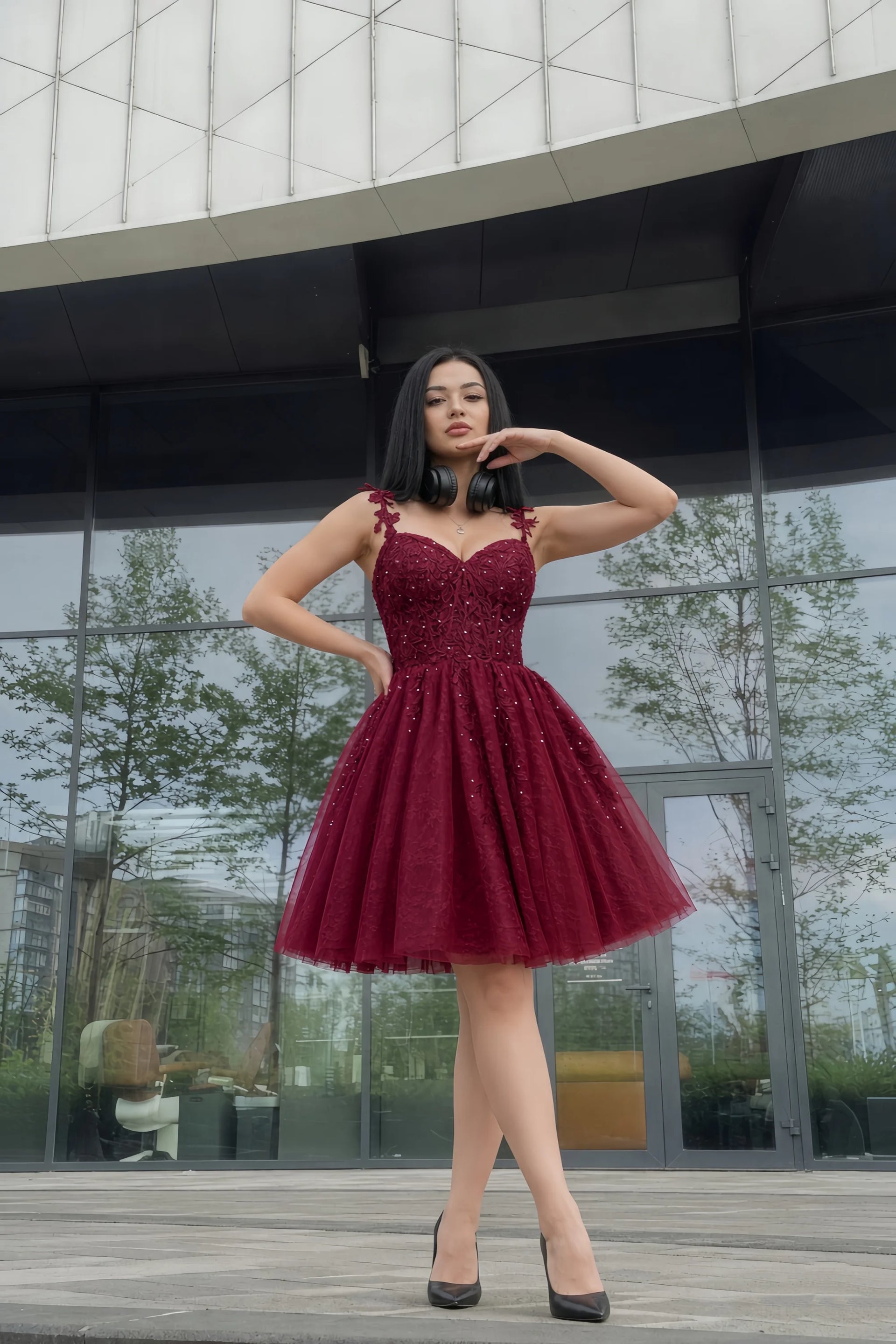 Angela Burgundy Lace Corset Spaghetti Straps Mini Dress