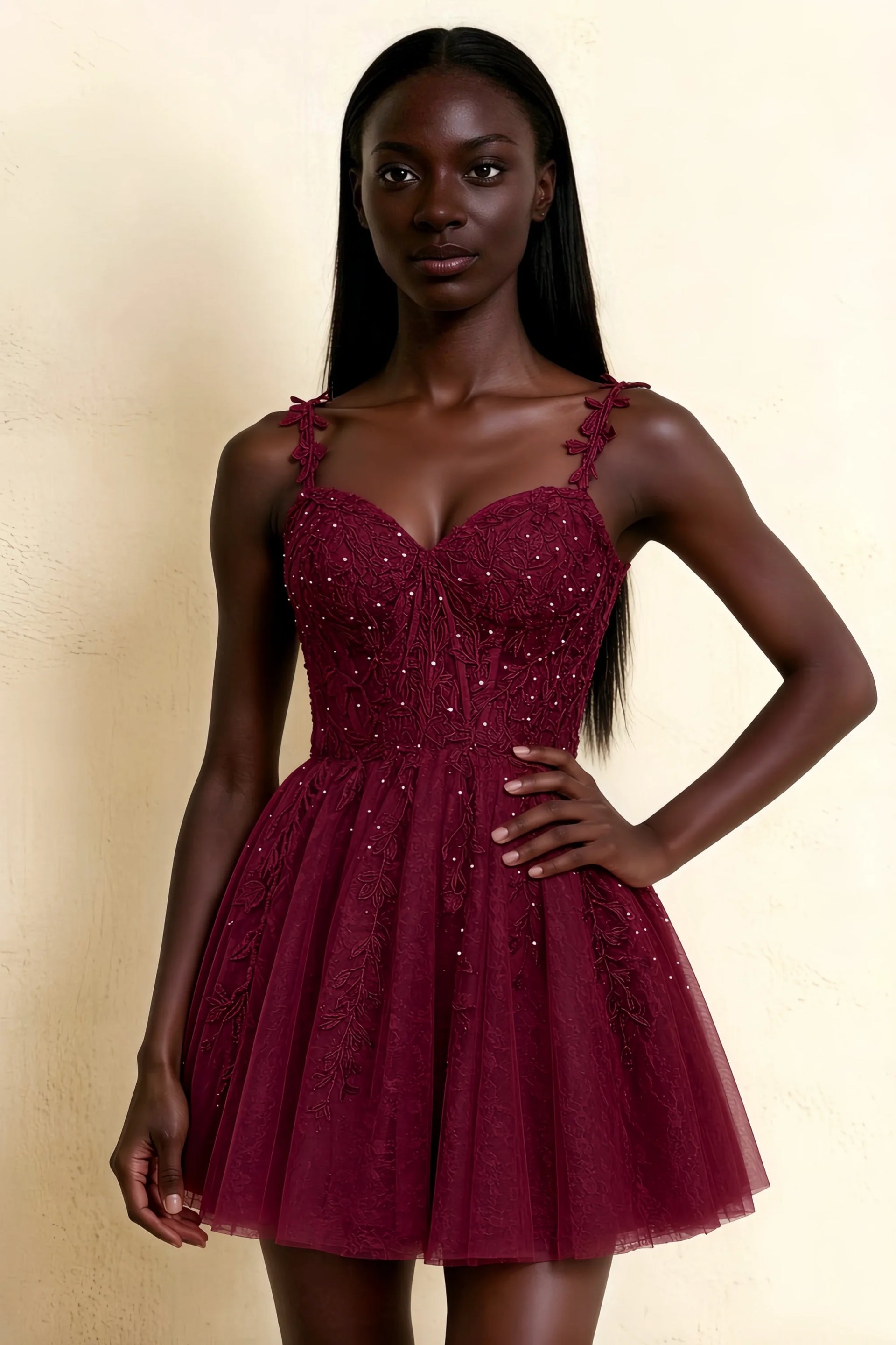 Angela Burgundy Lace Corset Spaghetti Straps Mini Dress