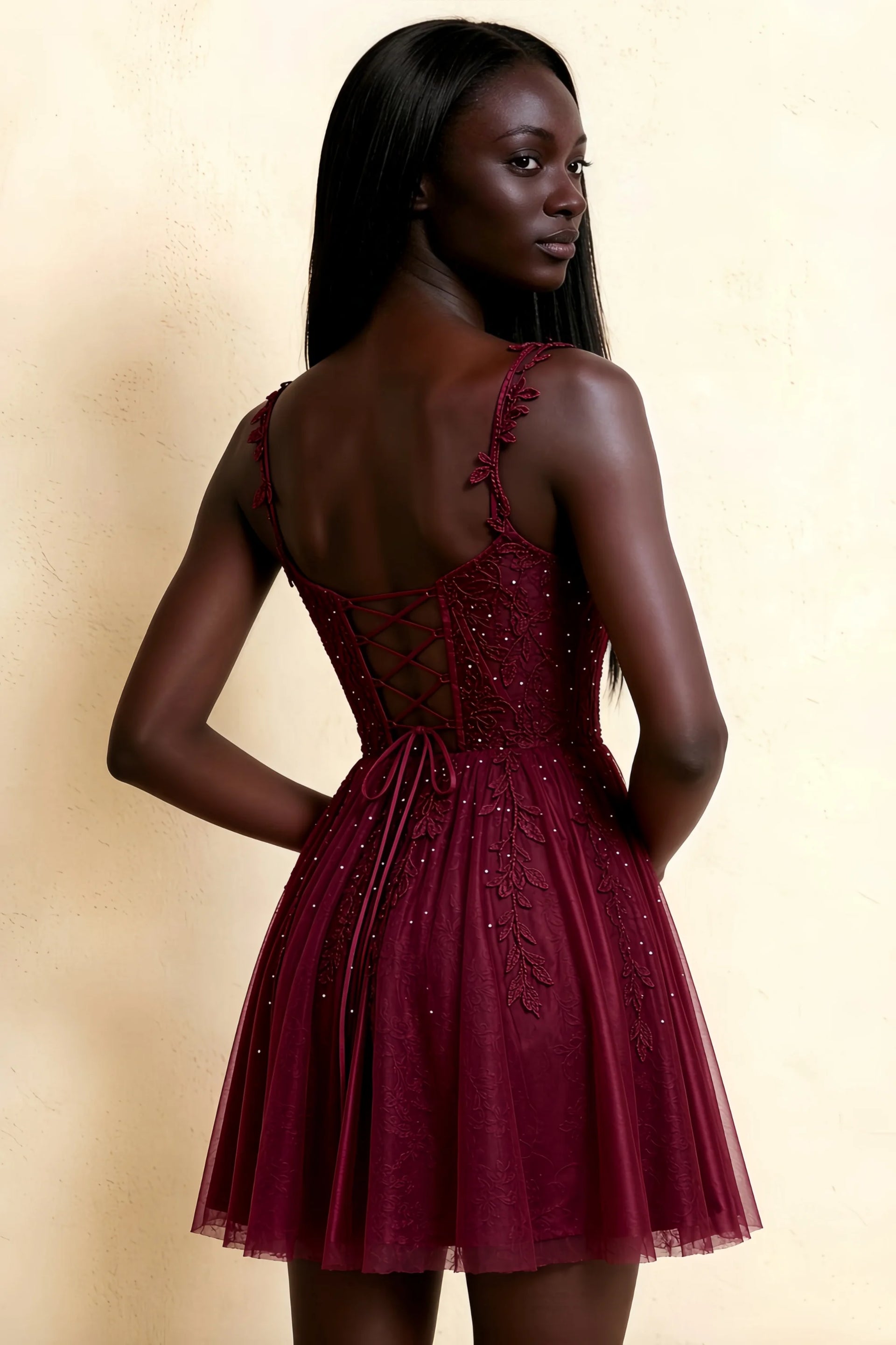Angela Burgundy Lace Corset Spaghetti Straps Mini Dress