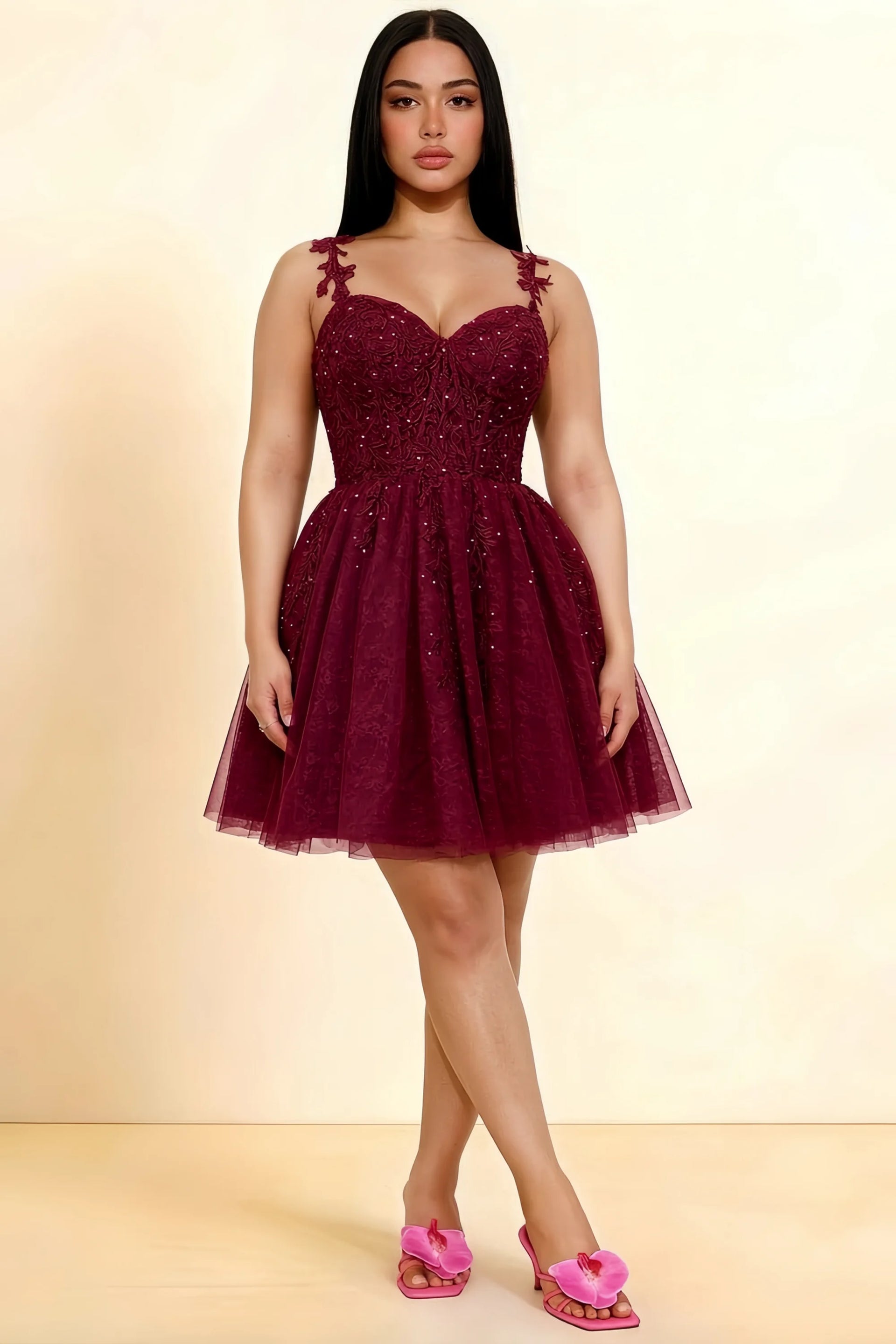 Angela Burgundy Lace Corset Spaghetti Straps Mini Dress