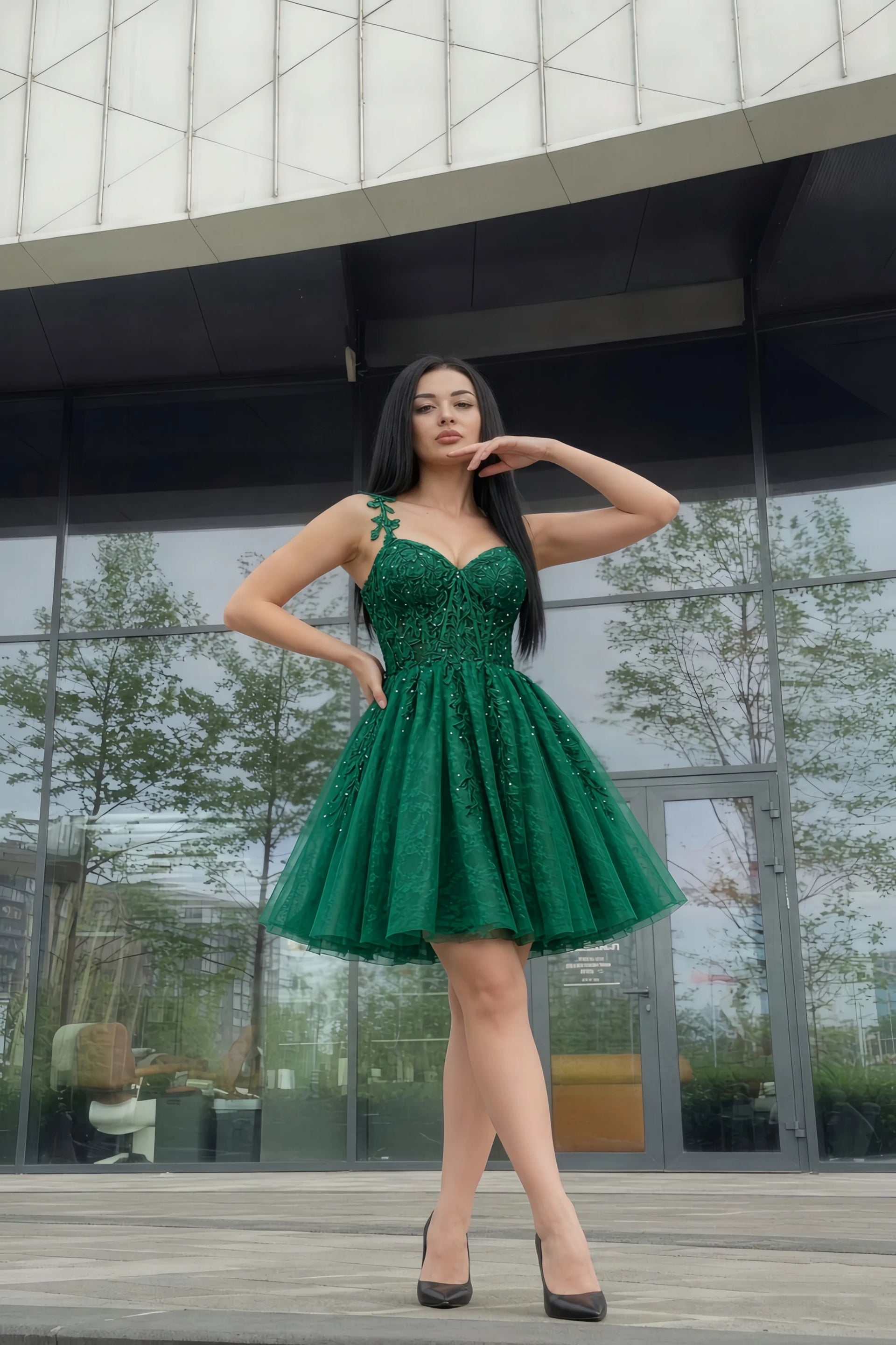 Angela Dark Green Lace Corset Spaghetti Straps Mini Dress
