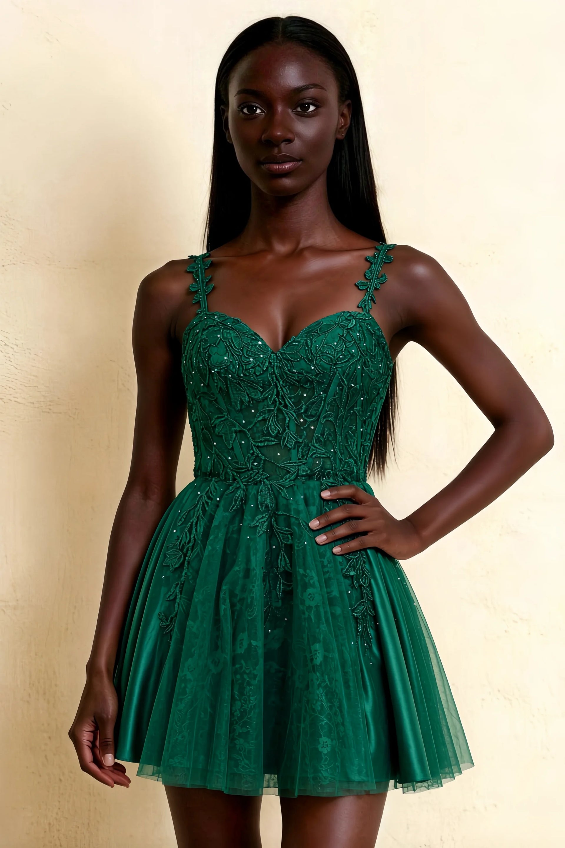 Angela Dark Green Lace Corset Spaghetti Straps Mini Dress