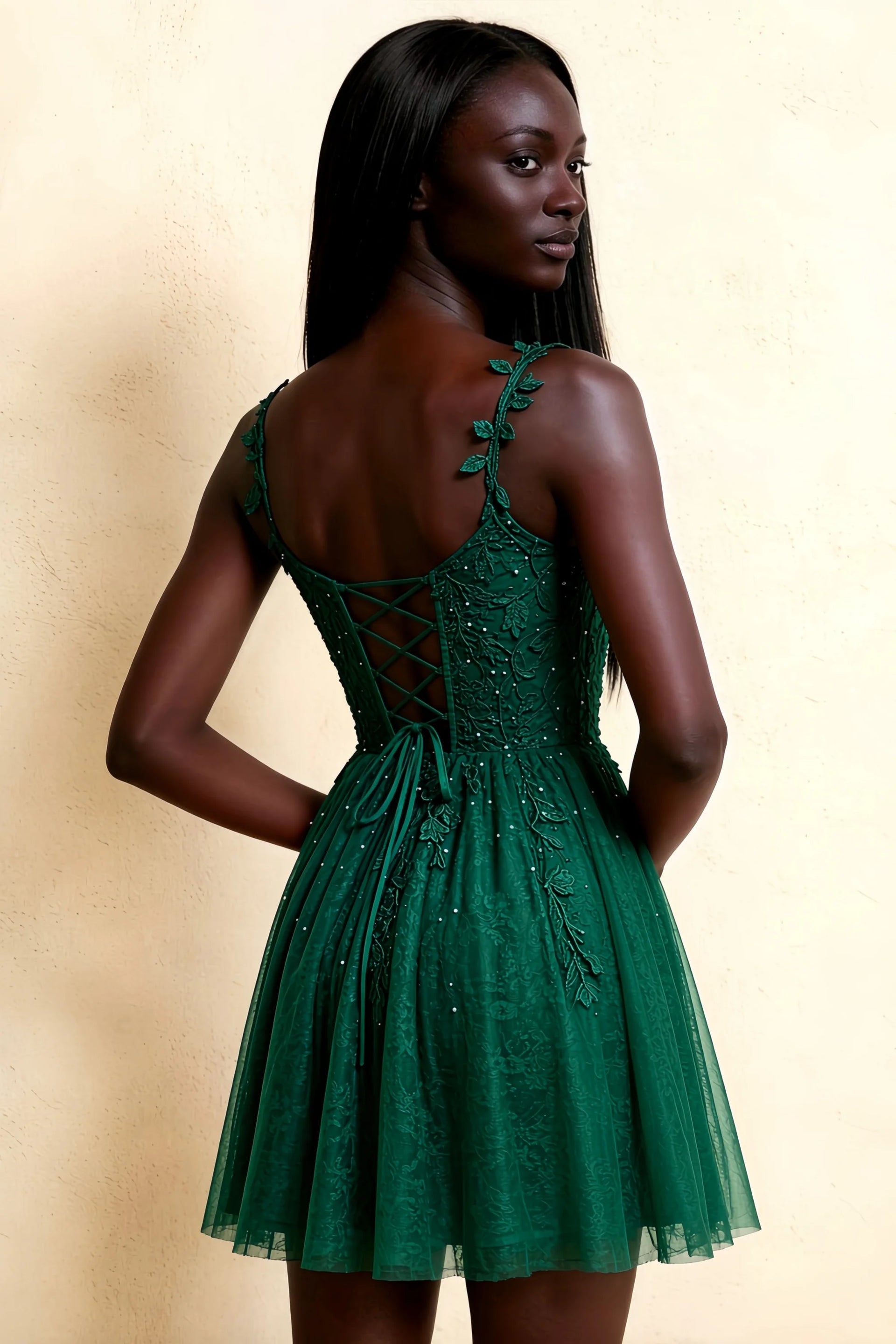 Angela Dark Green Lace Corset Spaghetti Straps Mini Dress