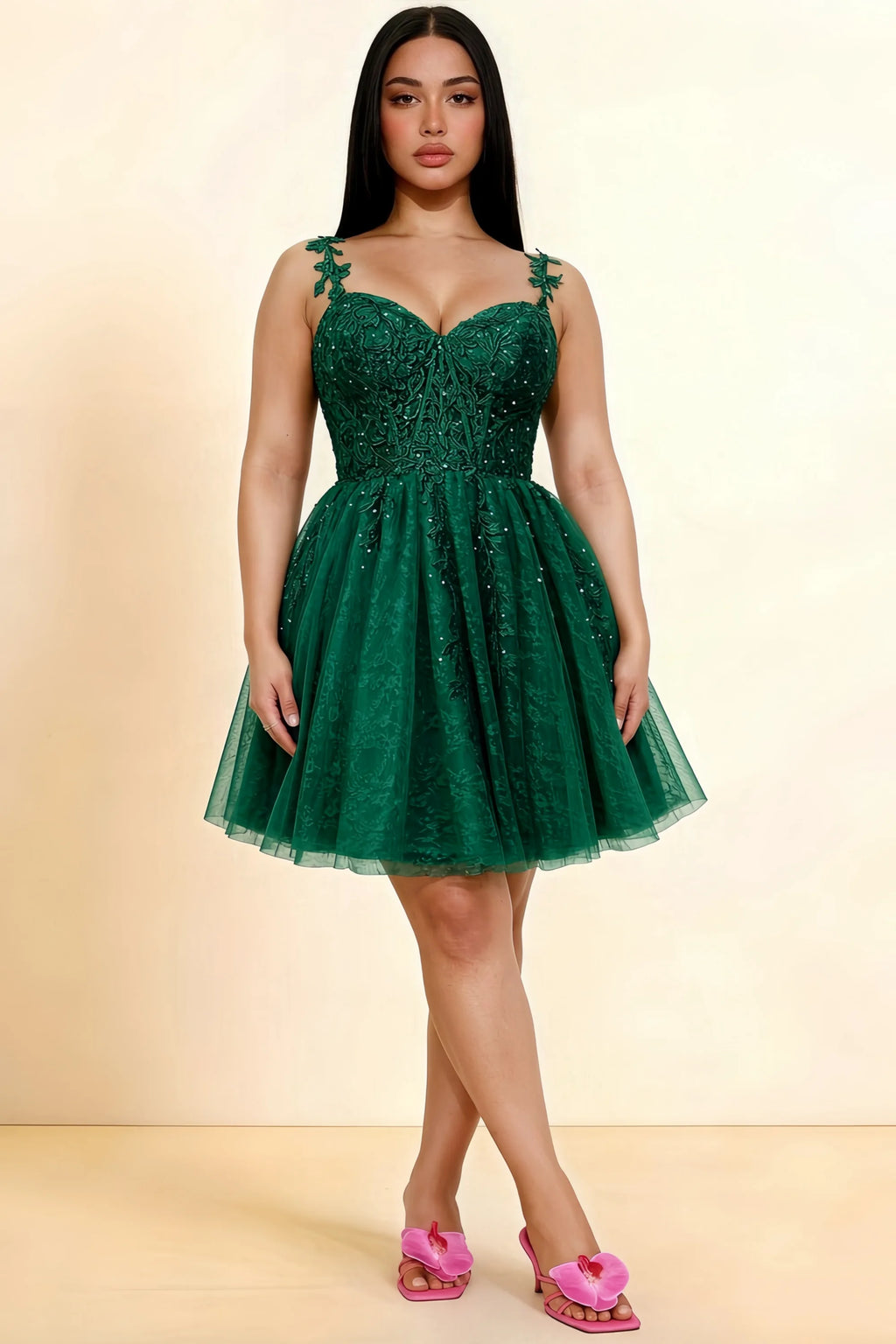 Angela Dark Green Lace Corset Spaghetti Straps Mini Dress