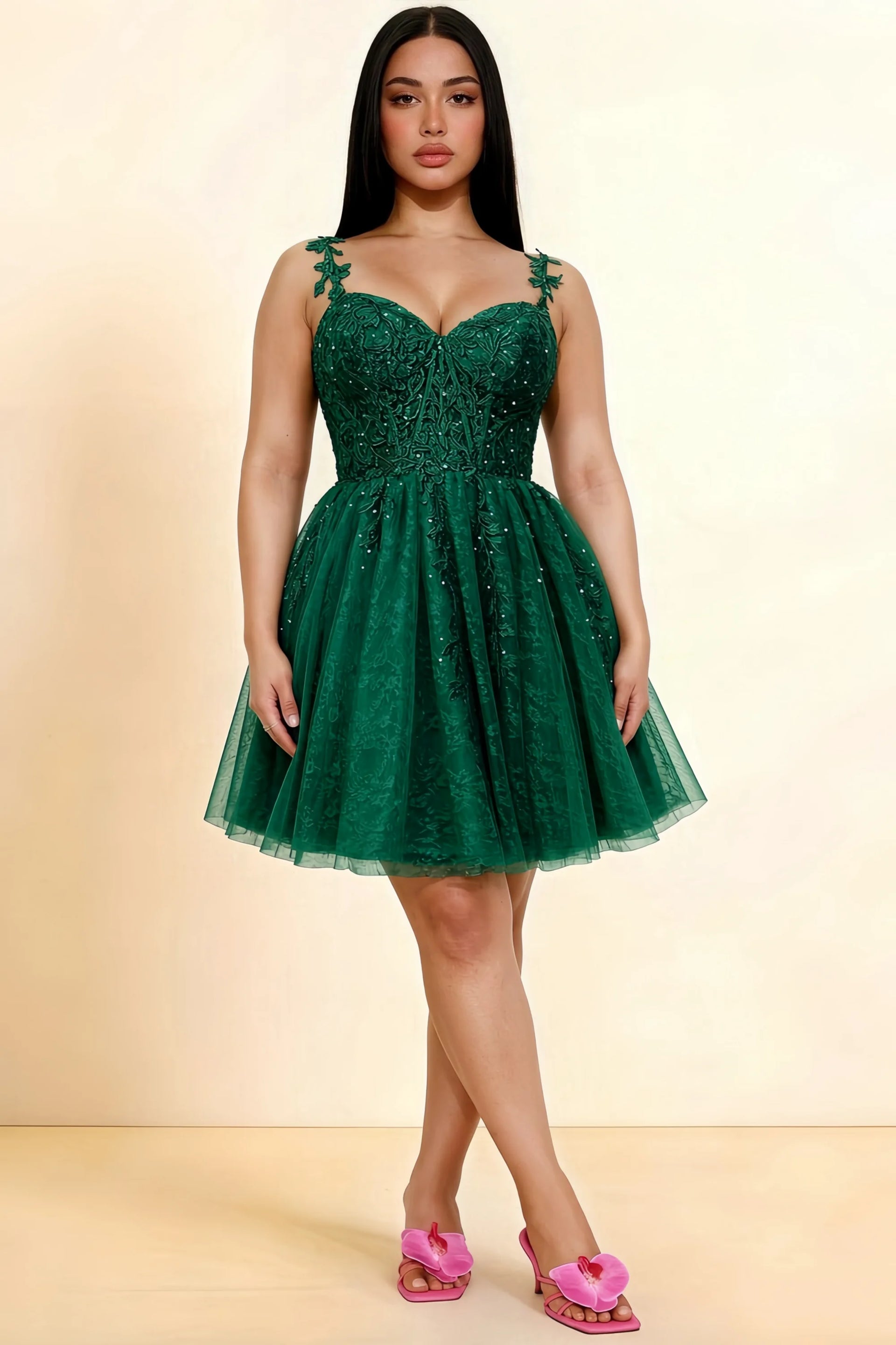 Angela Dark Green Lace Corset Spaghetti Straps Mini Dress