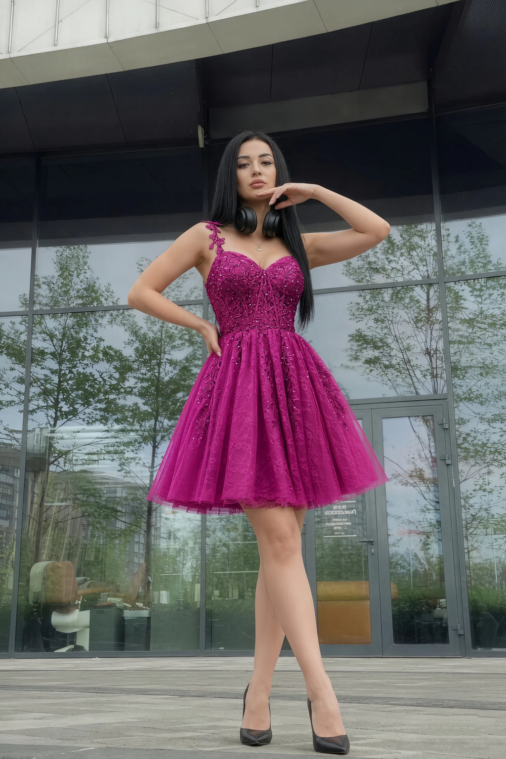 Angela Fuchsia Lace Corset Spaghetti Straps Mini Dress