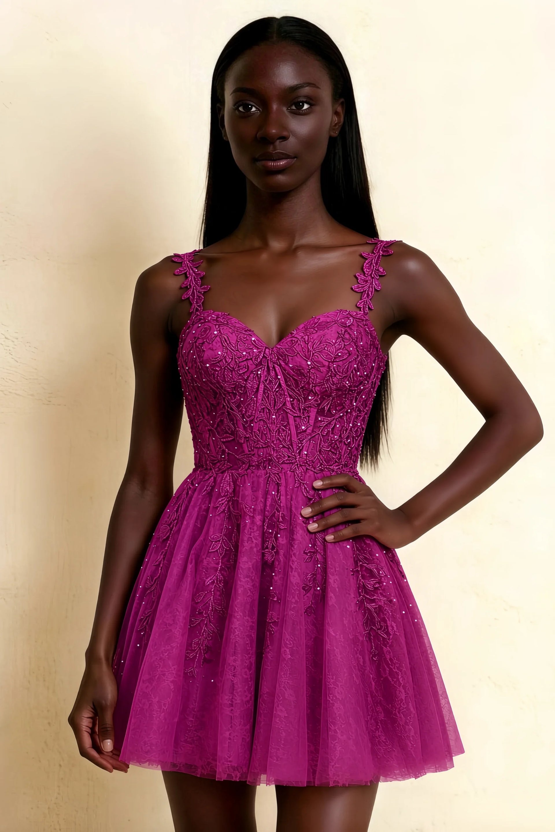 Angela Fuchsia Lace Corset Spaghetti Straps Mini Dress