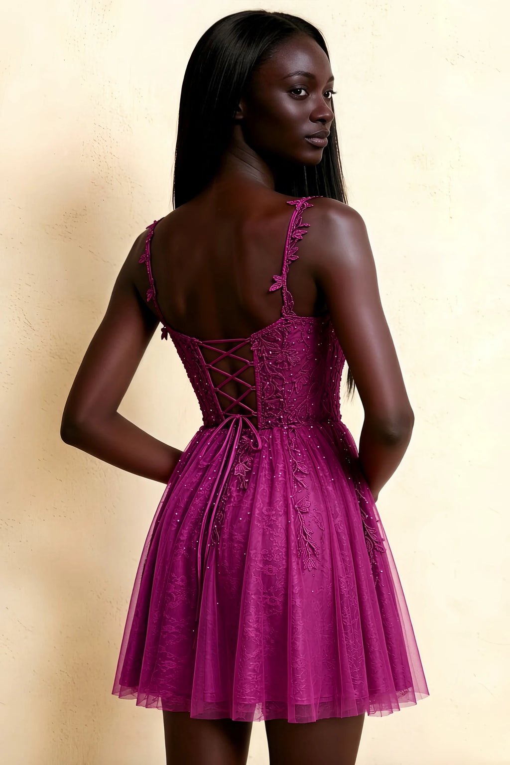 Angela Fuchsia Lace Corset Spaghetti Straps Mini Dress