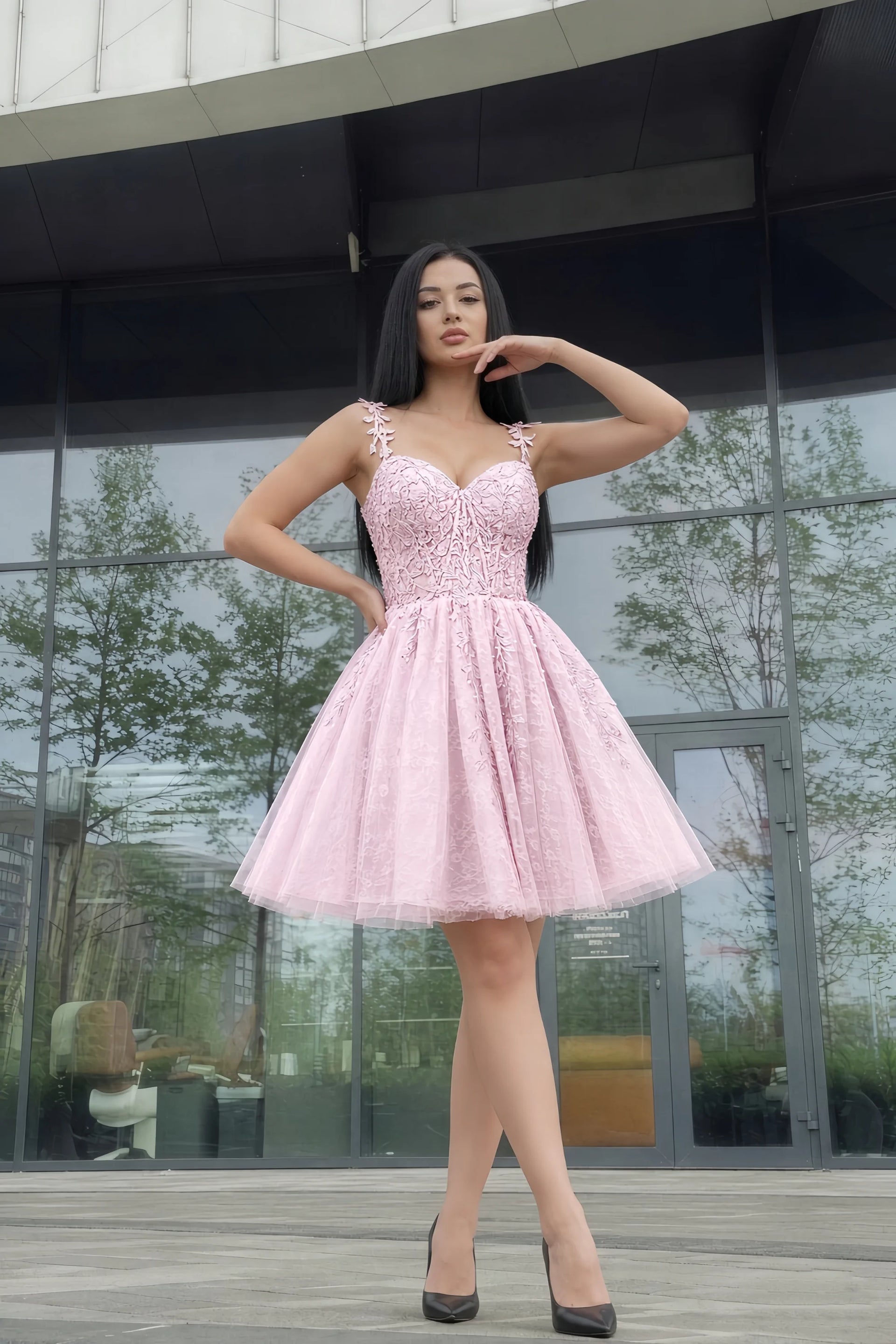 Angela Light Pink Lace Corset Spaghetti Straps Mini Dress