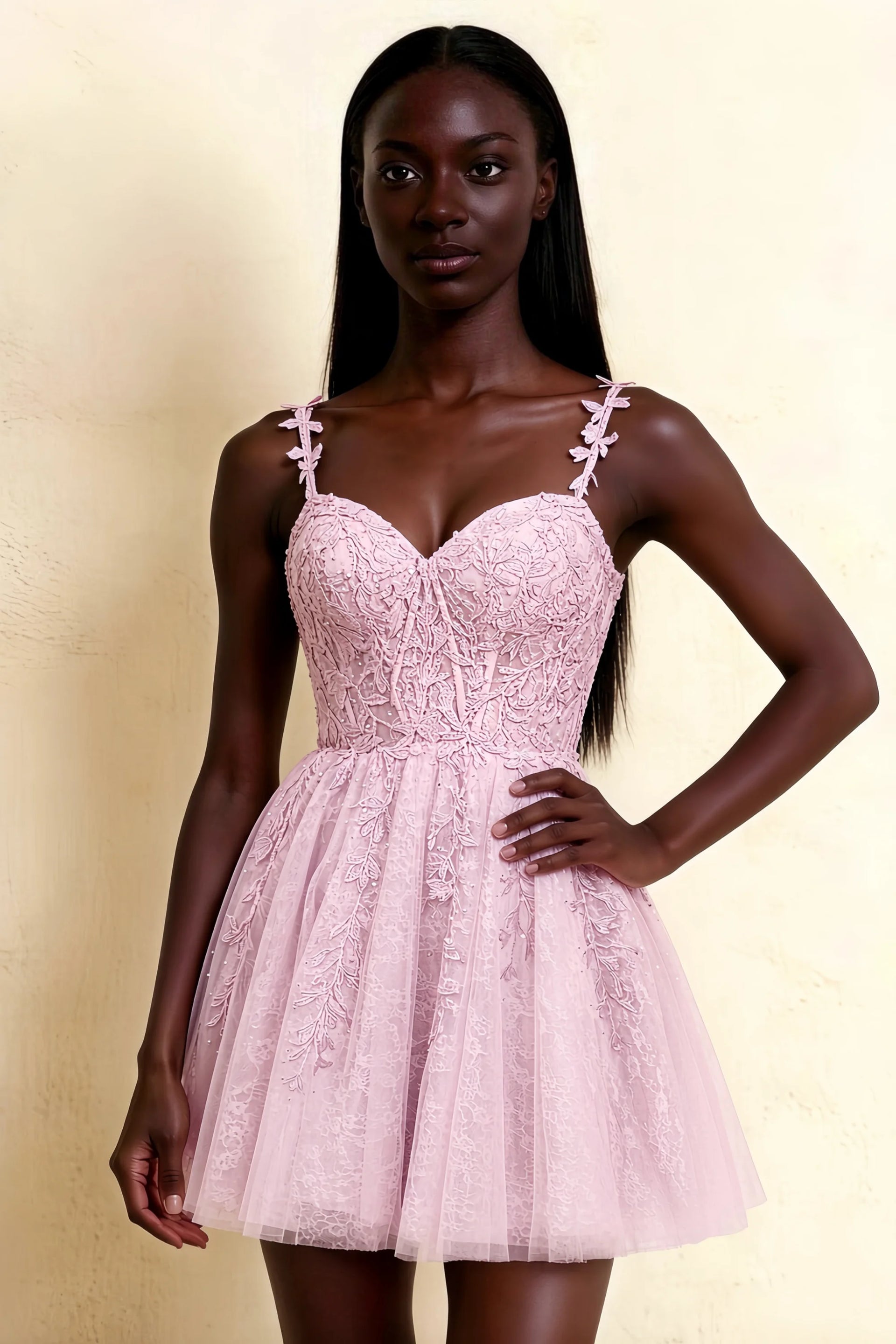 Angela Light Pink Lace Corset Spaghetti Straps Mini Dress