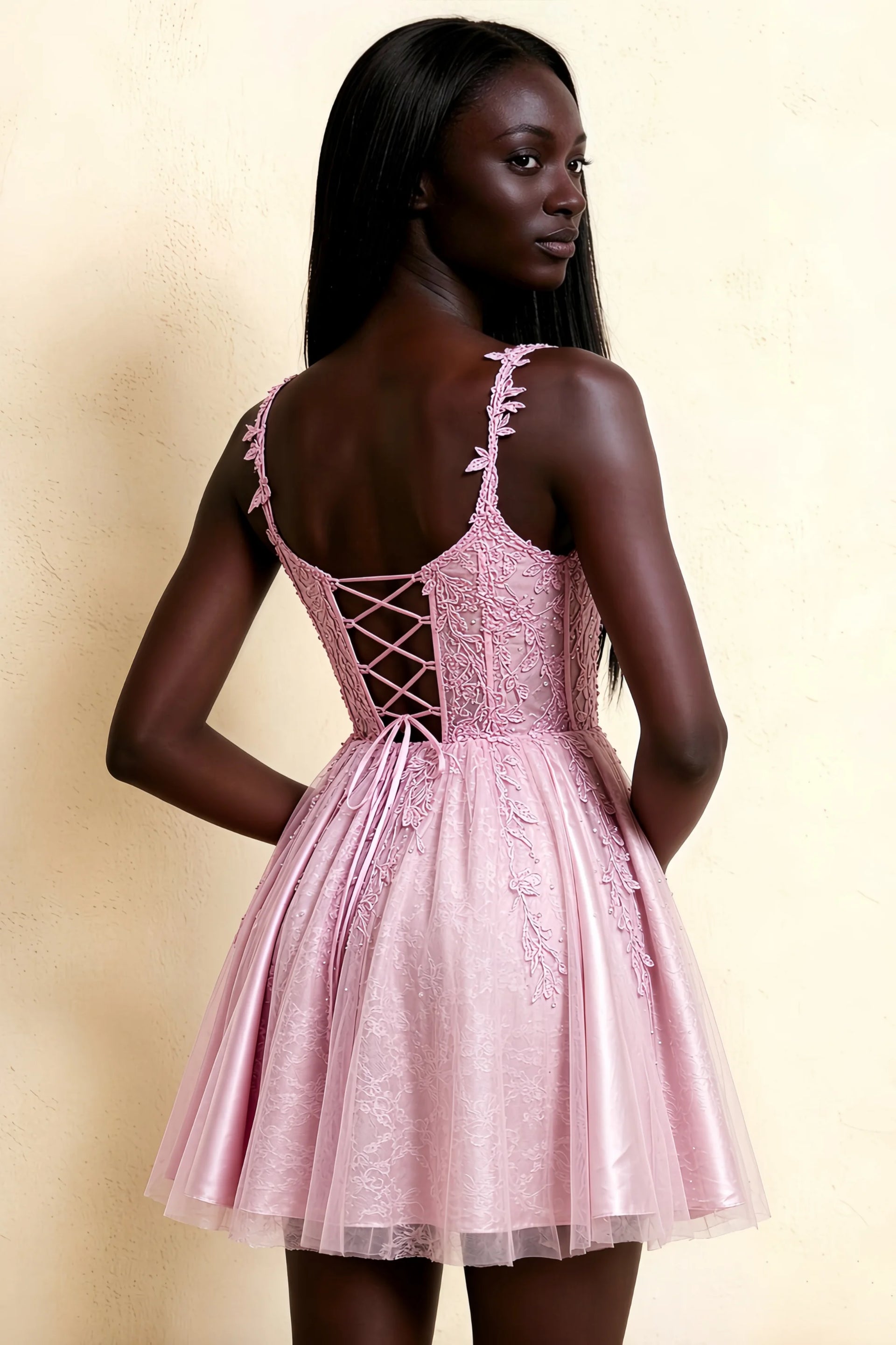 Angela Light Pink Lace Corset Spaghetti Straps Mini Dress