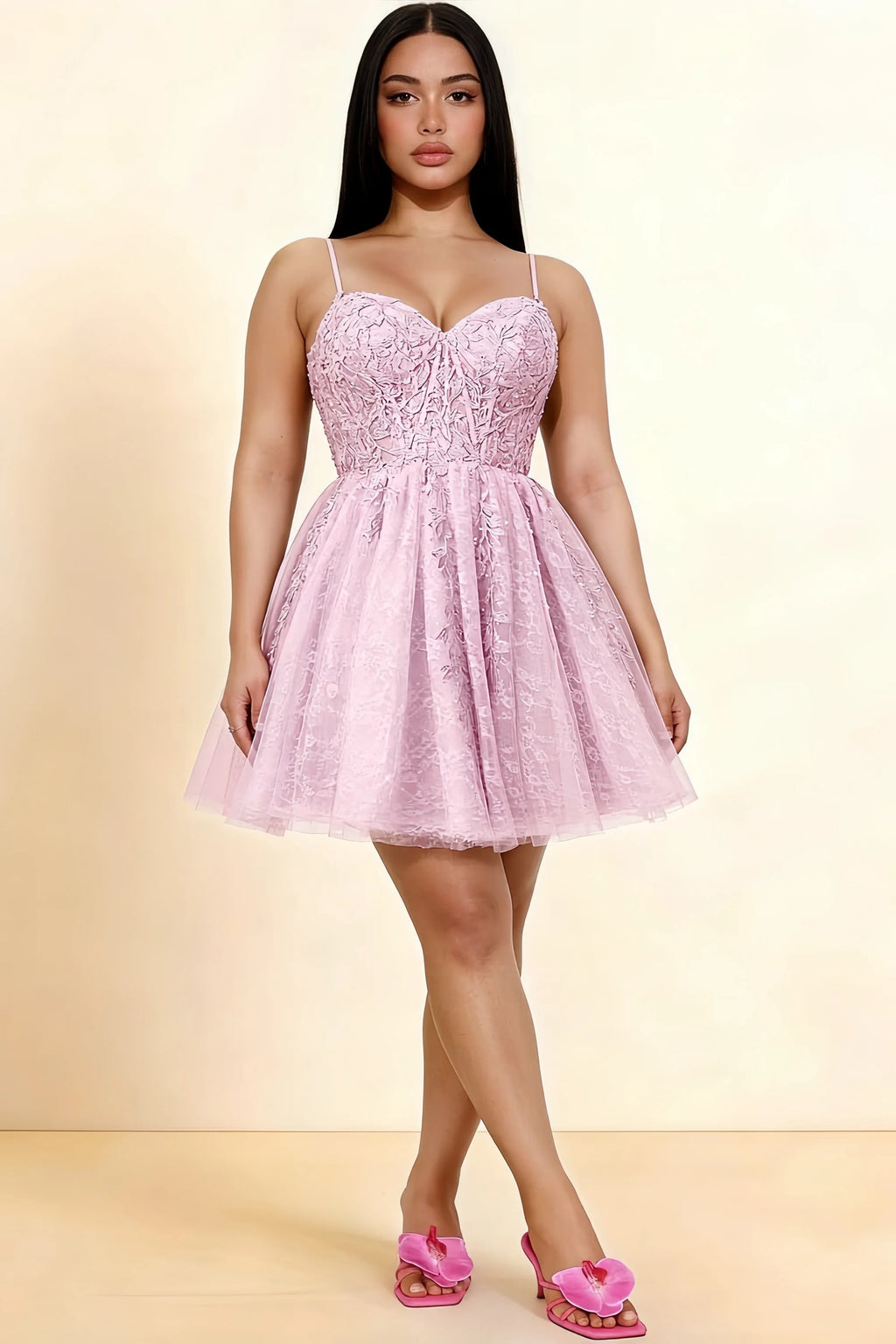 Angela Light Pink Lace Corset Spaghetti Straps Mini Dress