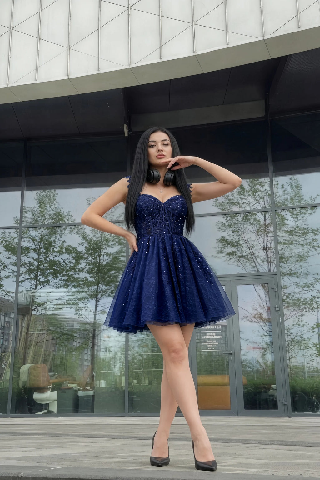 Angela Navy Lace Corset Spaghetti Straps Mini Dress