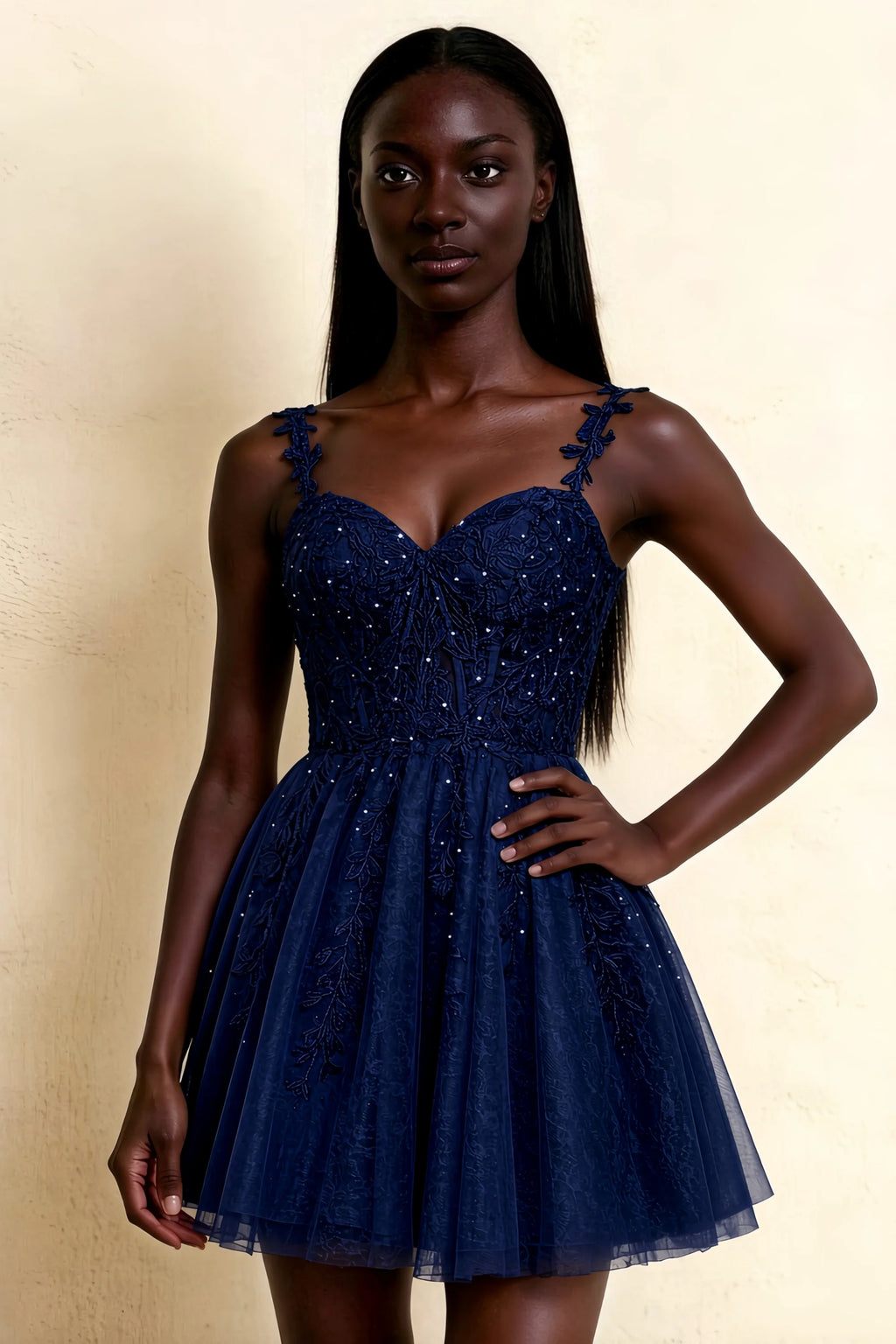 Angela Navy Lace Corset Spaghetti Straps Mini Dress