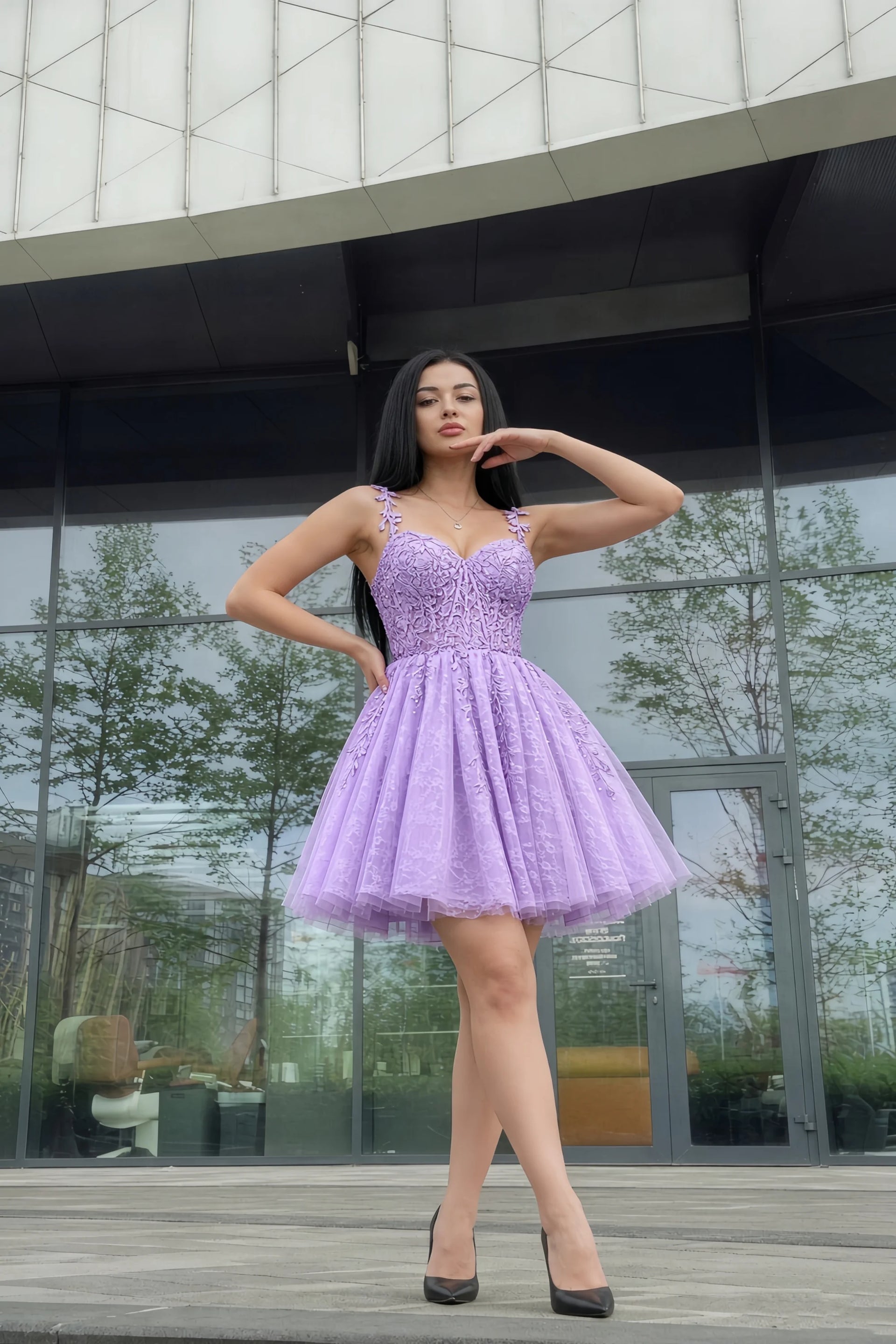 Angela Purple Lace Corset Spaghetti Straps Mini Dress