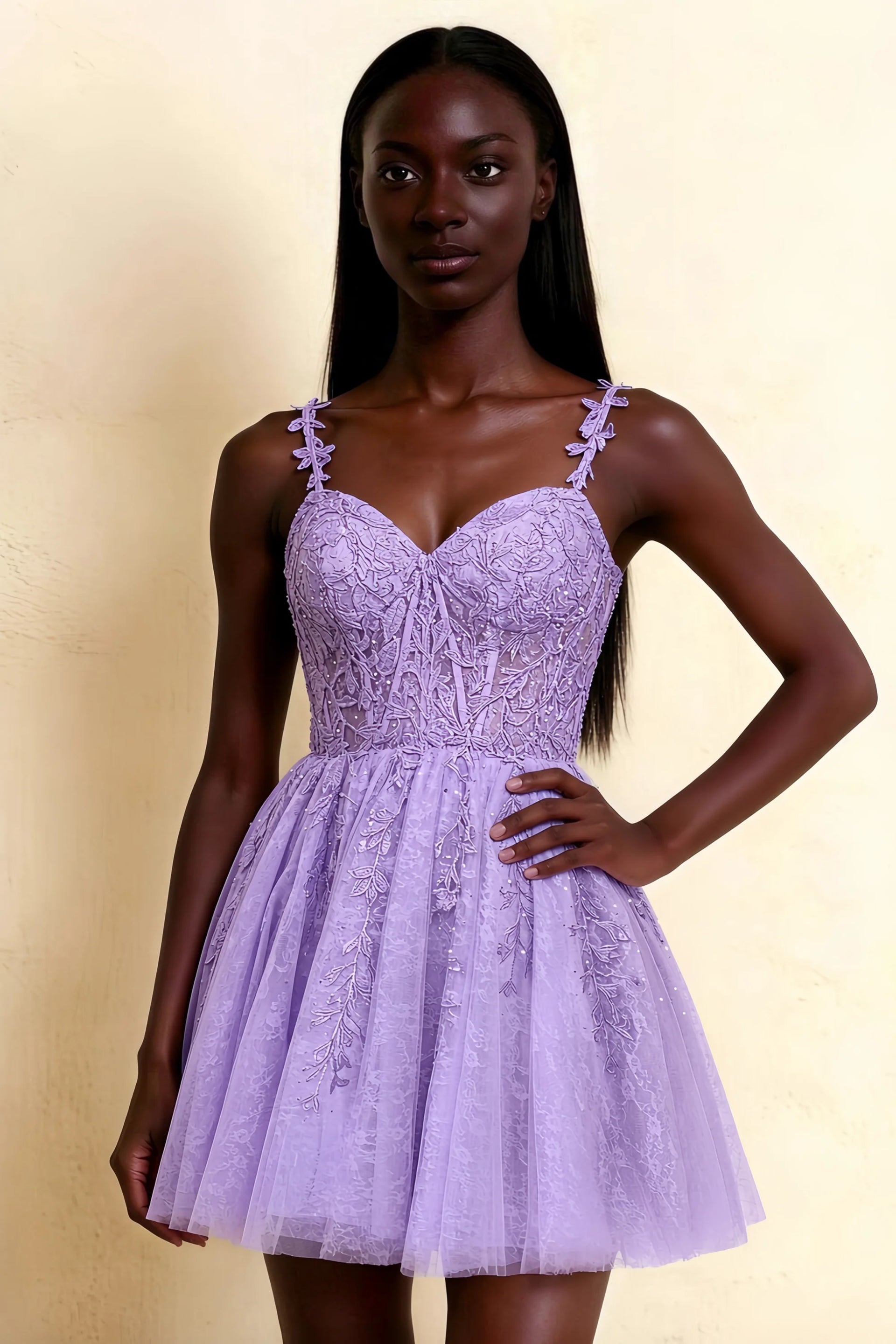 Angela Purple Lace Corset Spaghetti Straps Mini Dress
