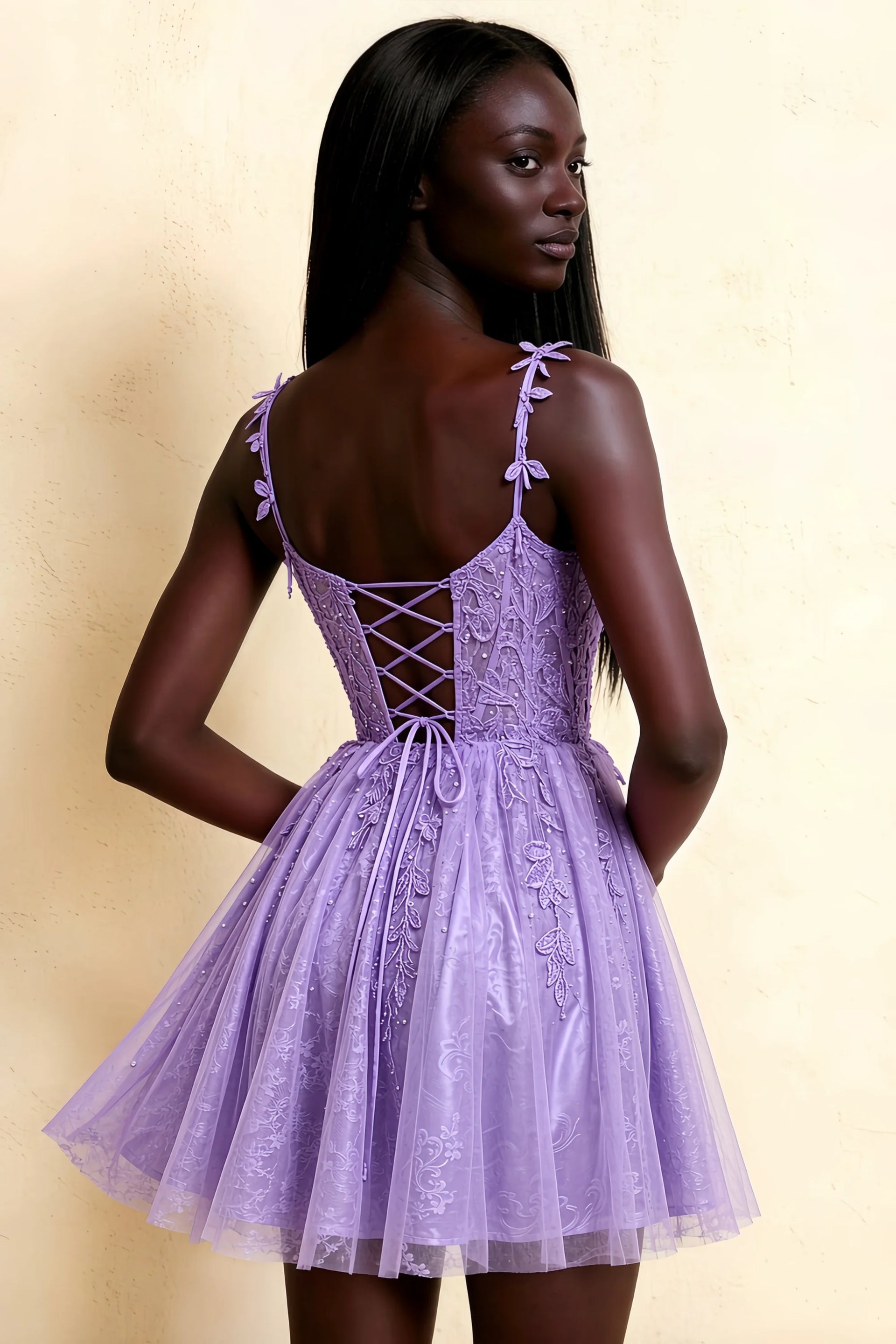 Angela Purple Lace Corset Spaghetti Straps Mini Dress