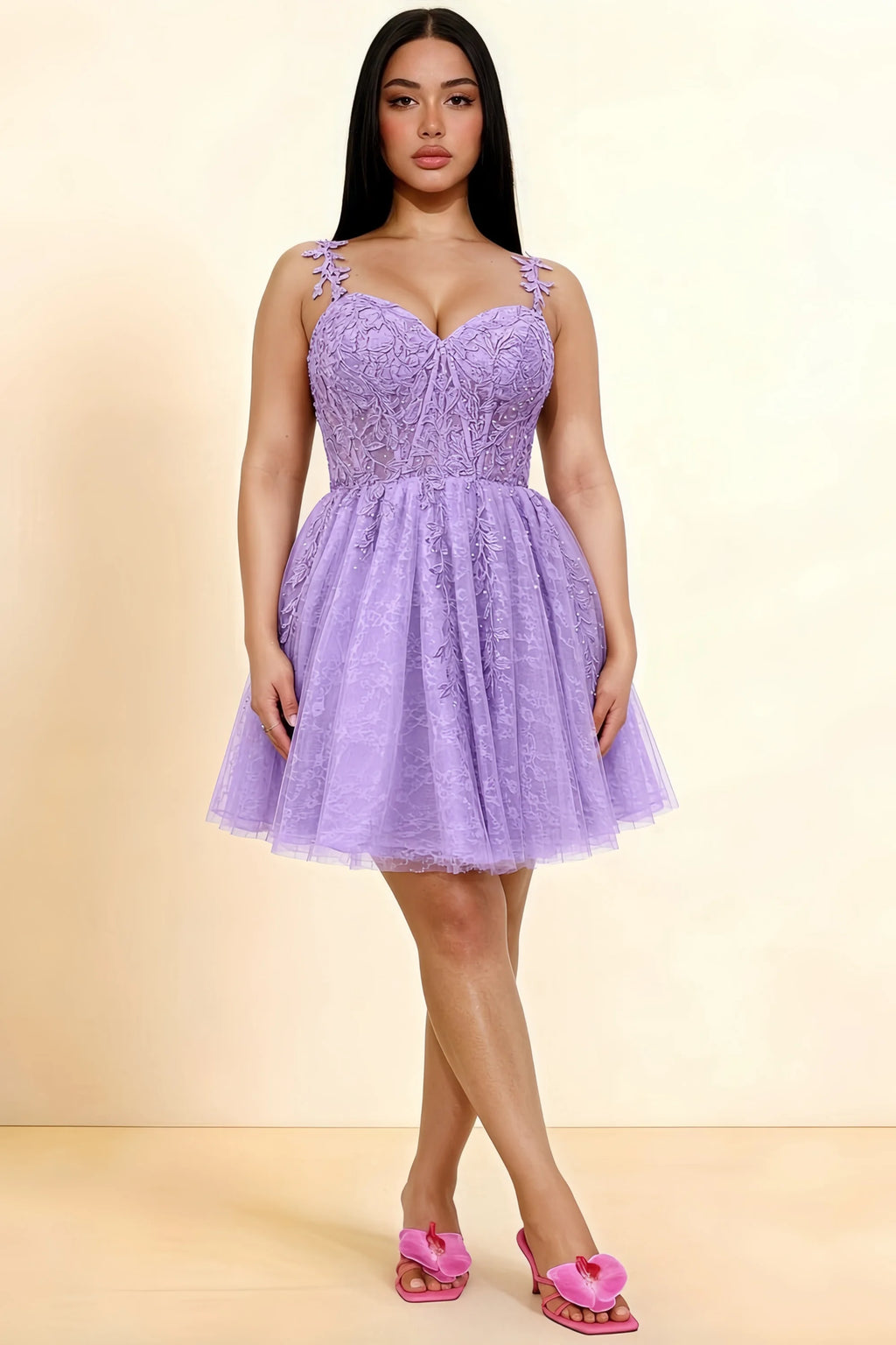 Angela Purple Lace Corset Spaghetti Straps Mini Dress