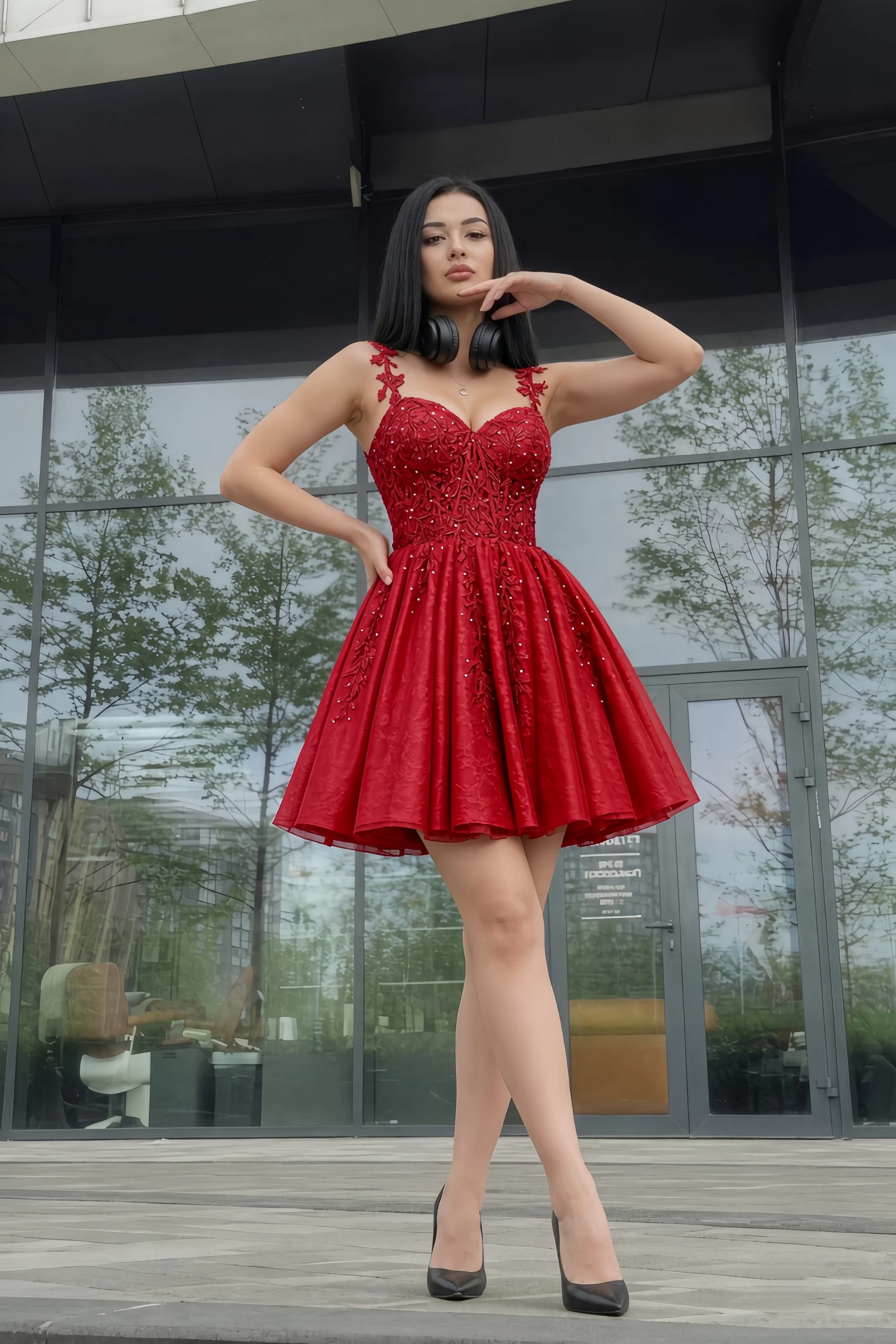 Angela Red Lace Corset Spaghetti Straps Mini Dress