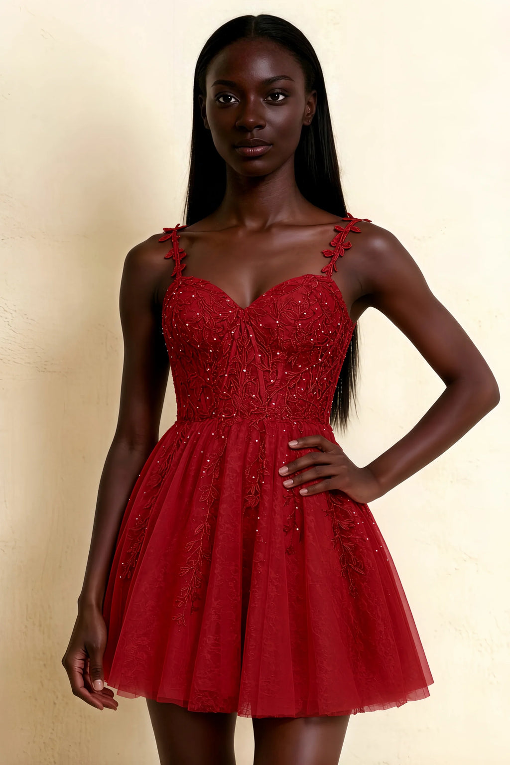 Angela Red Lace Corset Spaghetti Straps Mini Dress