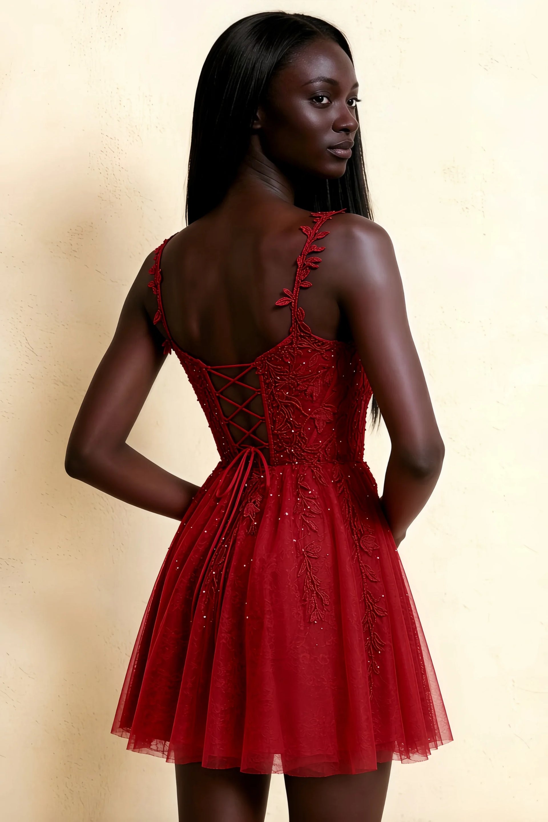Angela Red Lace Corset Spaghetti Straps Mini Dress