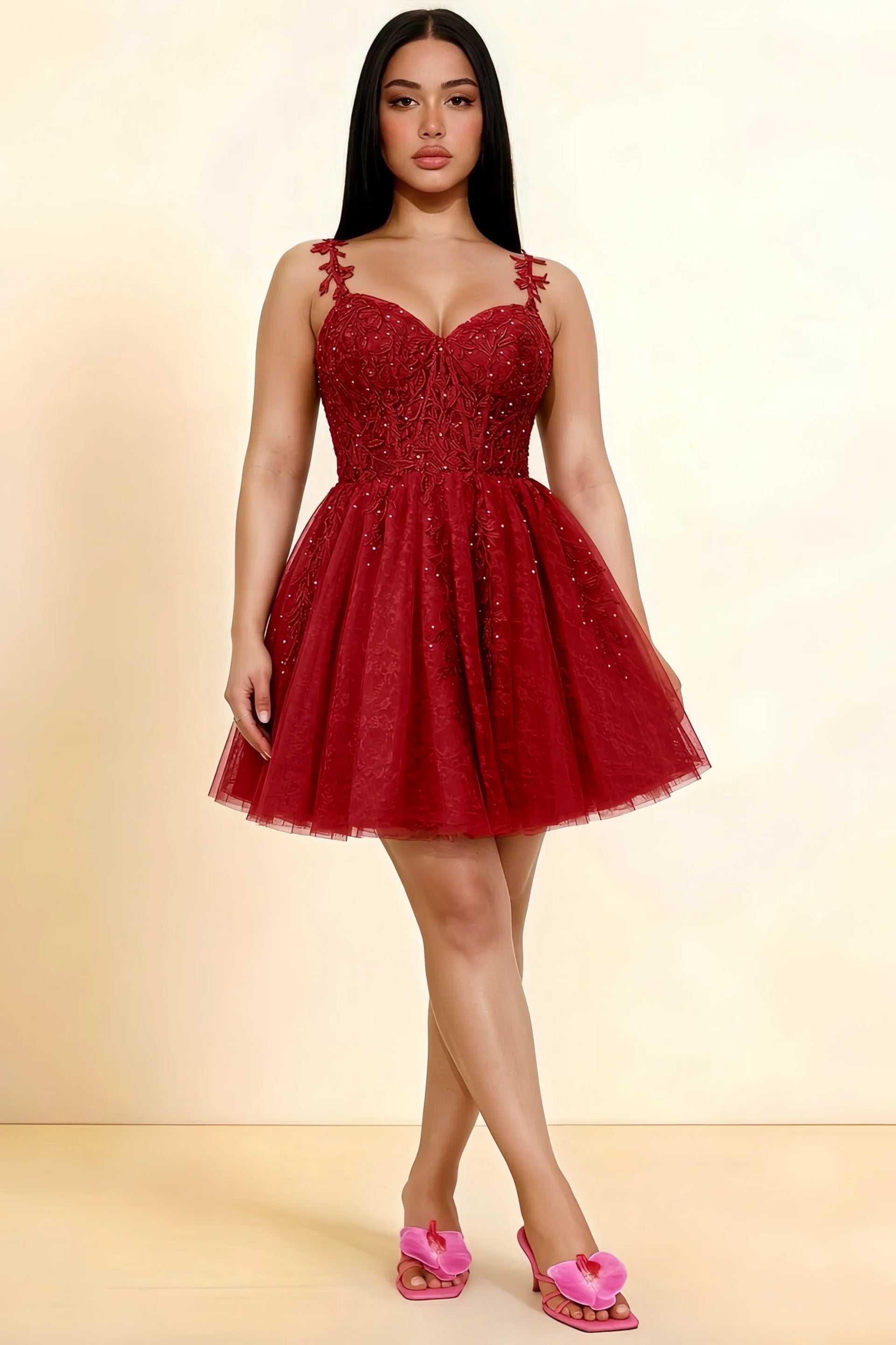 Angela Red Lace Corset Spaghetti Straps Mini Dress