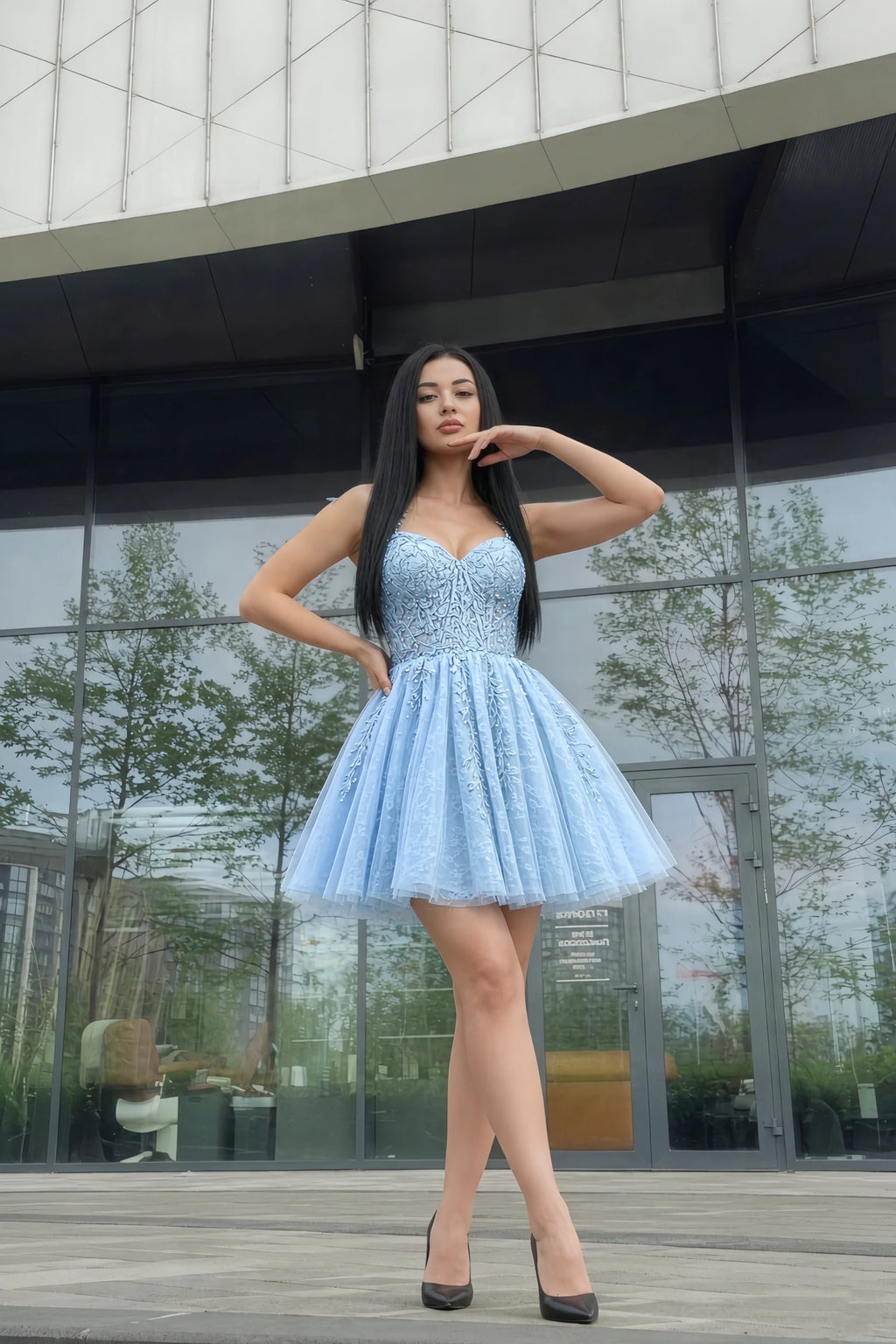 Angela Sky Blue Lace Corset Spaghetti Straps Mini Dress
