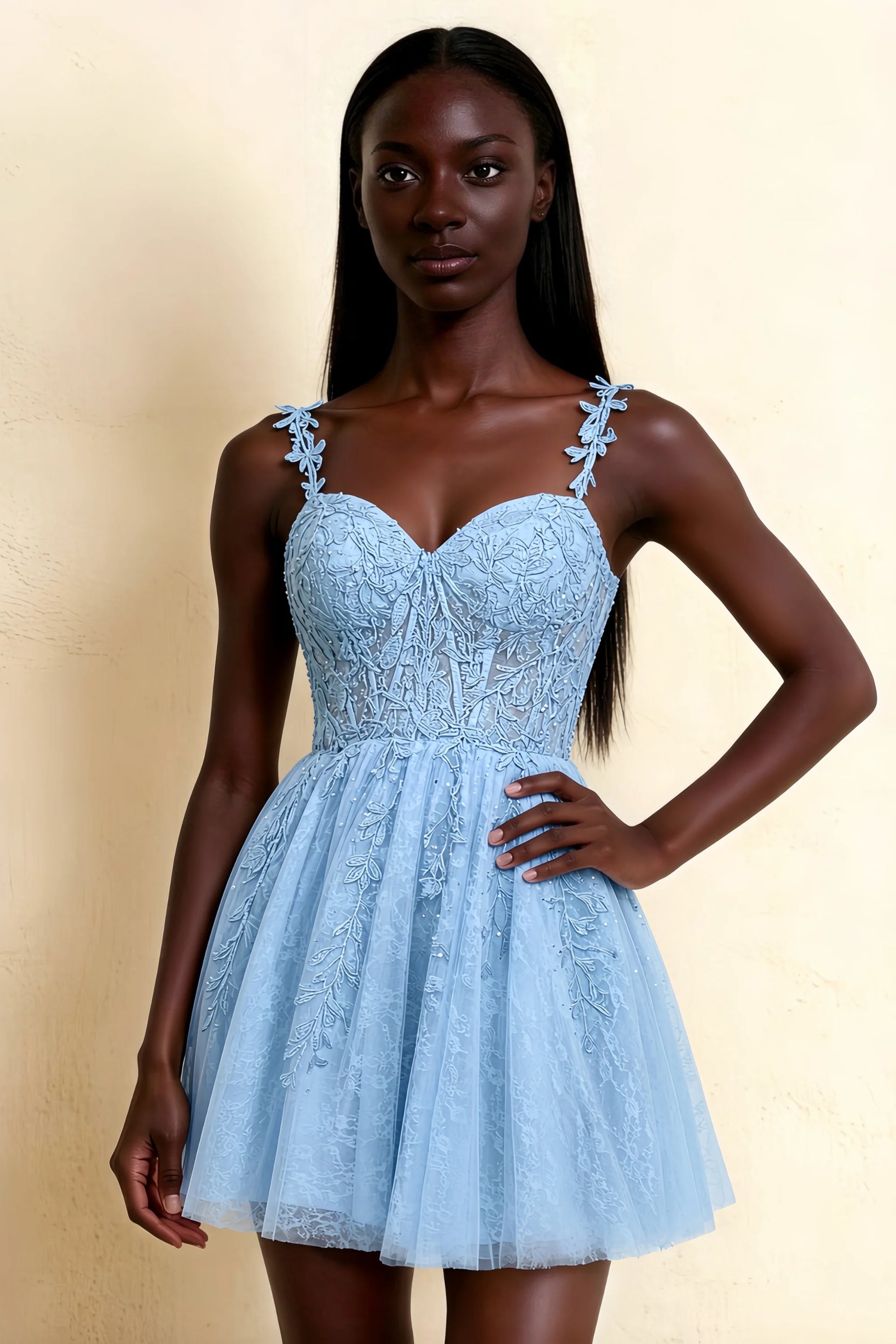 Angela Sky Blue Lace Corset Spaghetti Straps Mini Dress