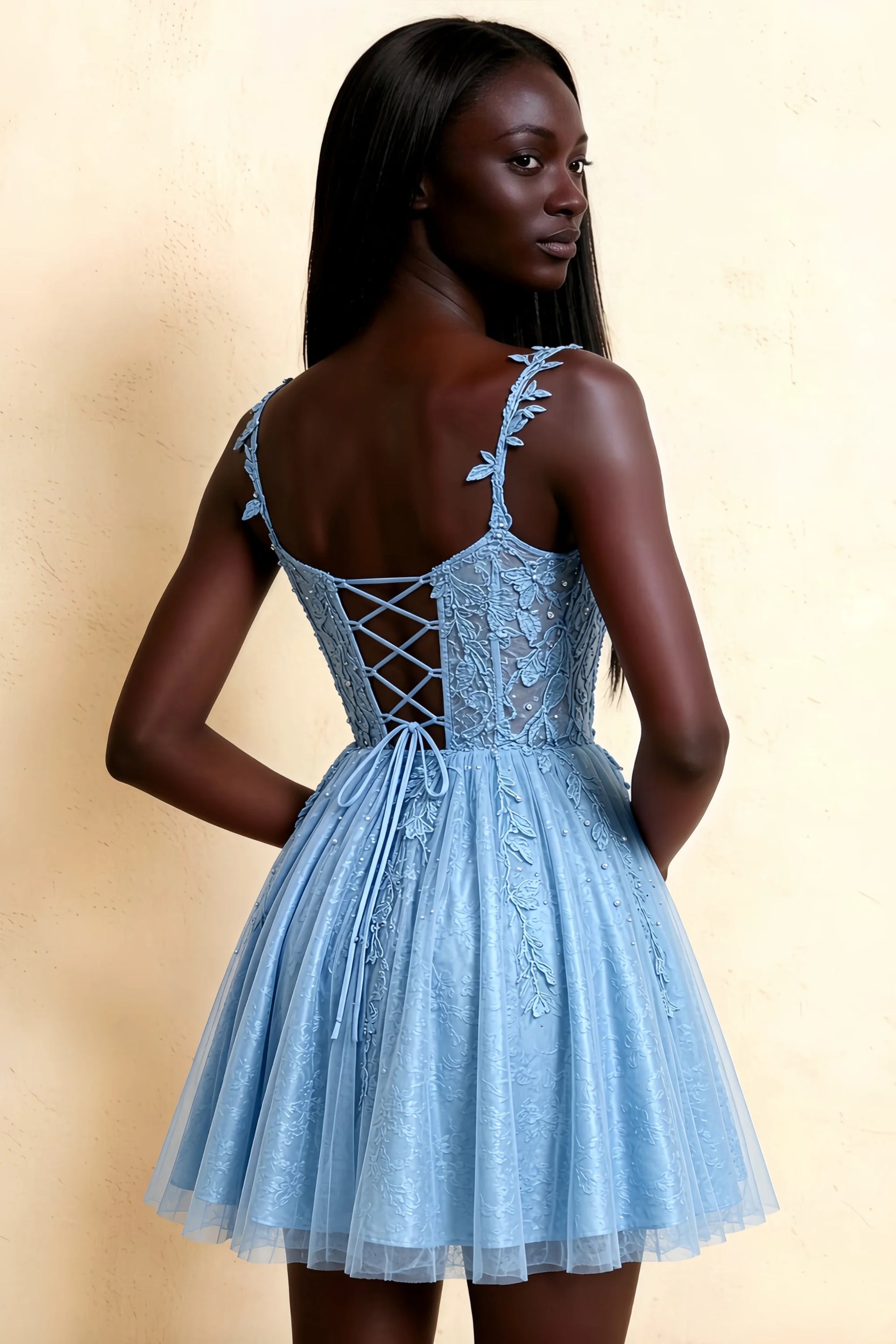 Angela Sky Blue Lace Corset Spaghetti Straps Mini Dress