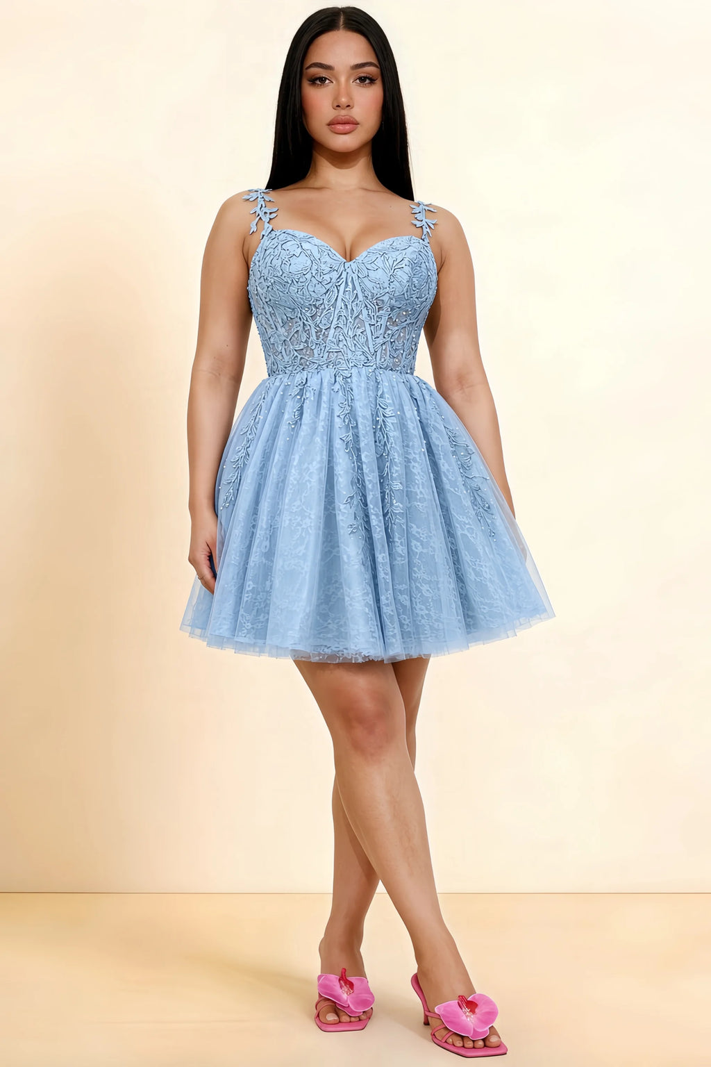 Angela Sky Blue Lace Corset Spaghetti Straps Mini Dress